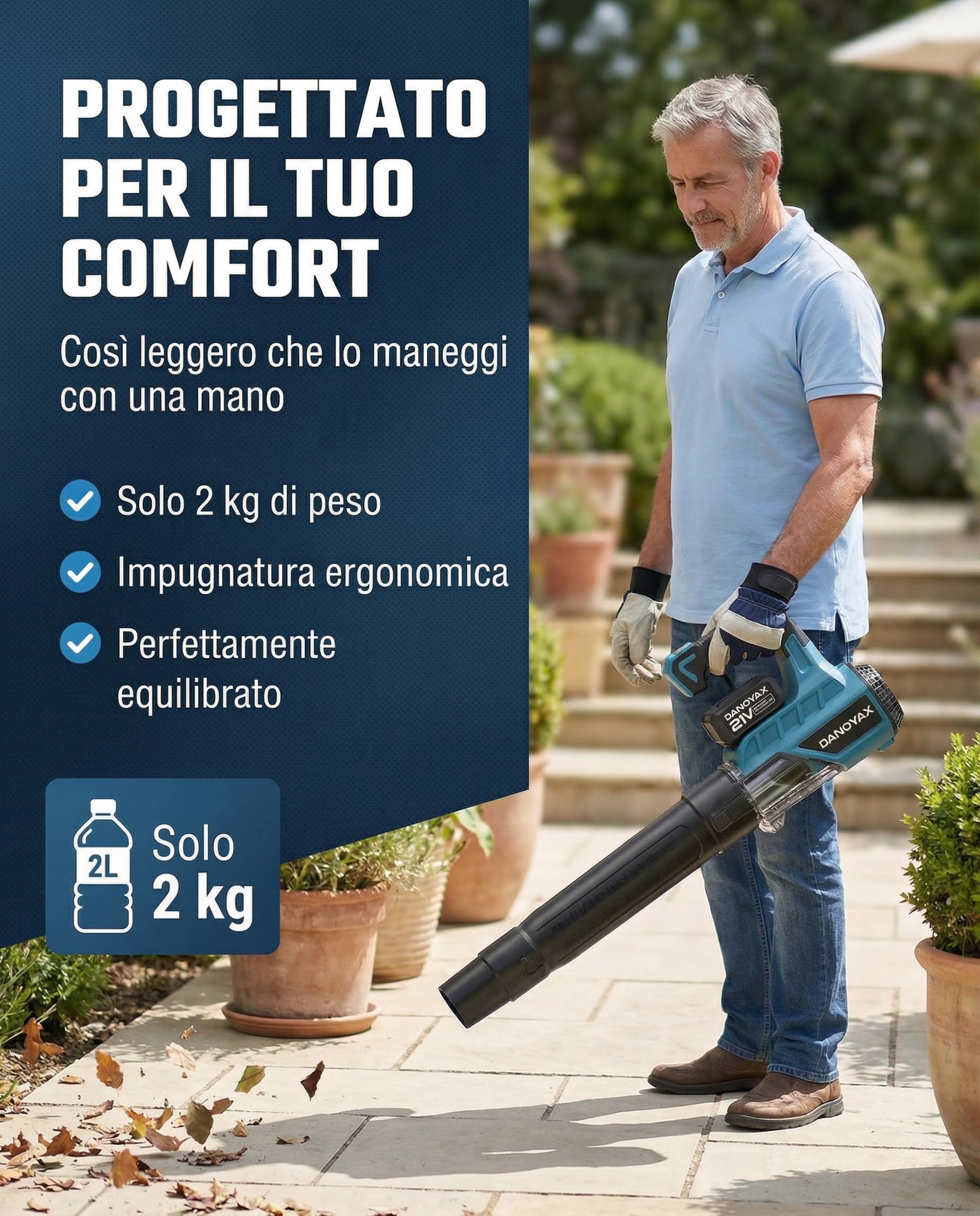 Soffiatore a Batteria, 2 batterie 4 Ah incluse, motore brushless, 3 velocità, grande potenza di soffiaggio fino a 260 km/h, caricatore con base, borsa per il trasporto e guanti inclusi