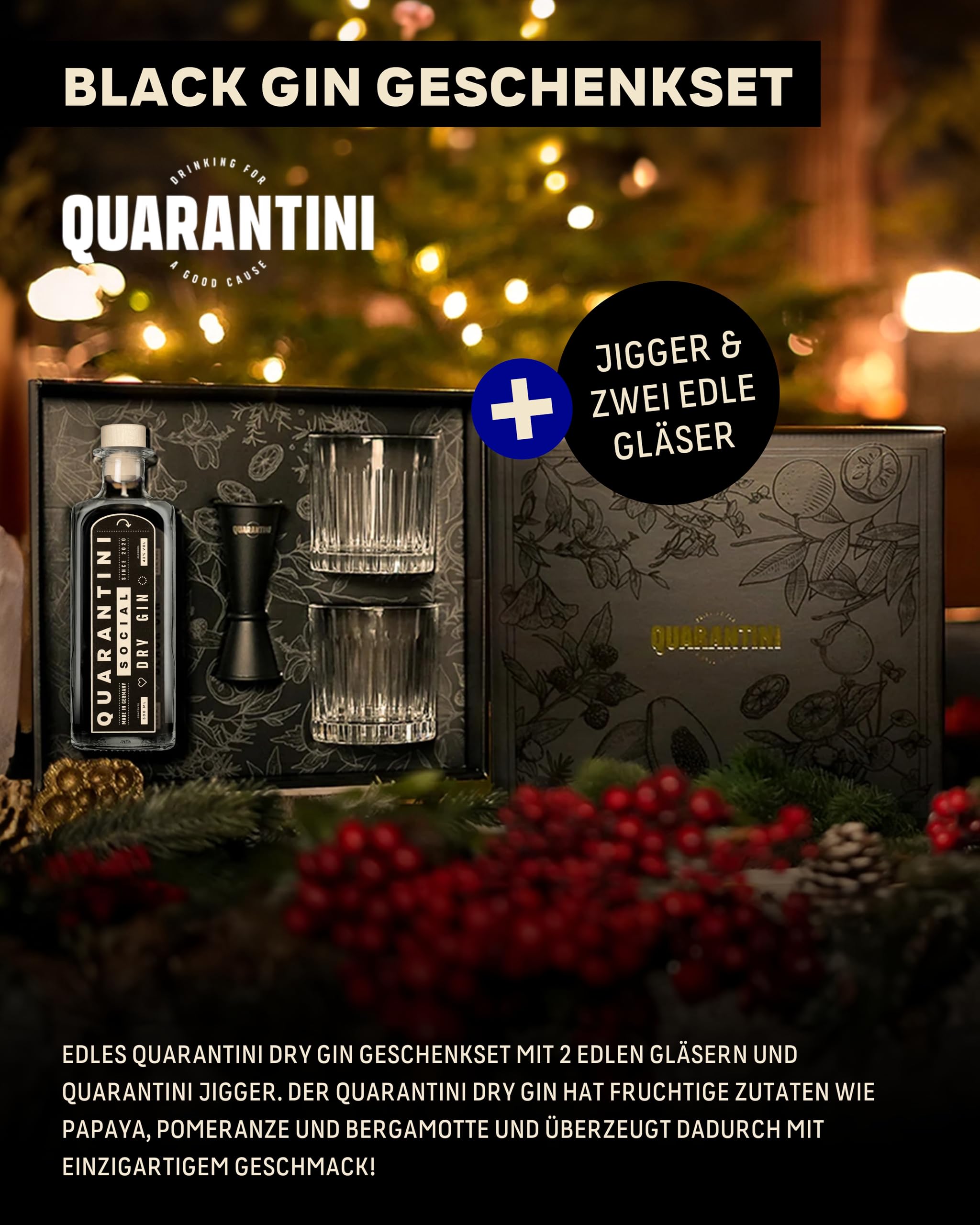 Quarantini Dry Gin 42% Vol. (500 ml Geschenkset) – mit aromatischen Botanicals aus Papaya, Bergamotte und Pomeranze