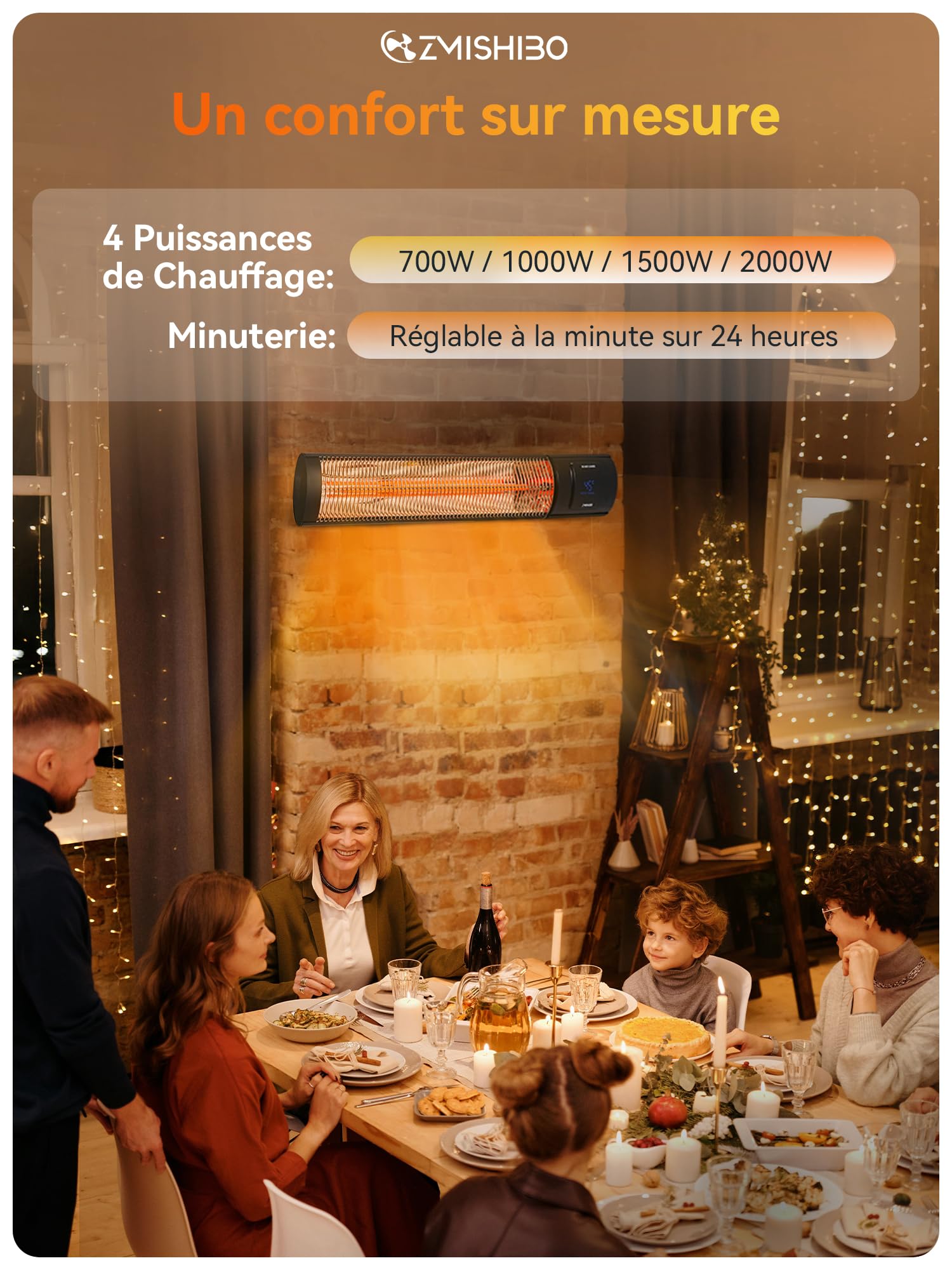 ZMISHIBO Radiateur Infrarouge 2000W, 4 Puissances, IP65 pour Intérieur & Extérieur, Montage Mur/Plafond, avec APP, Écran LED, Détection Fenêtre Ouverte & Sécurité Enfants