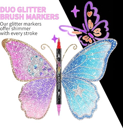 Marcadores de pincel con purpurina de doble punta de 24 colores, 12 bolígrafos metálicos de purpurina de doble color, marcadores de punta de pincel