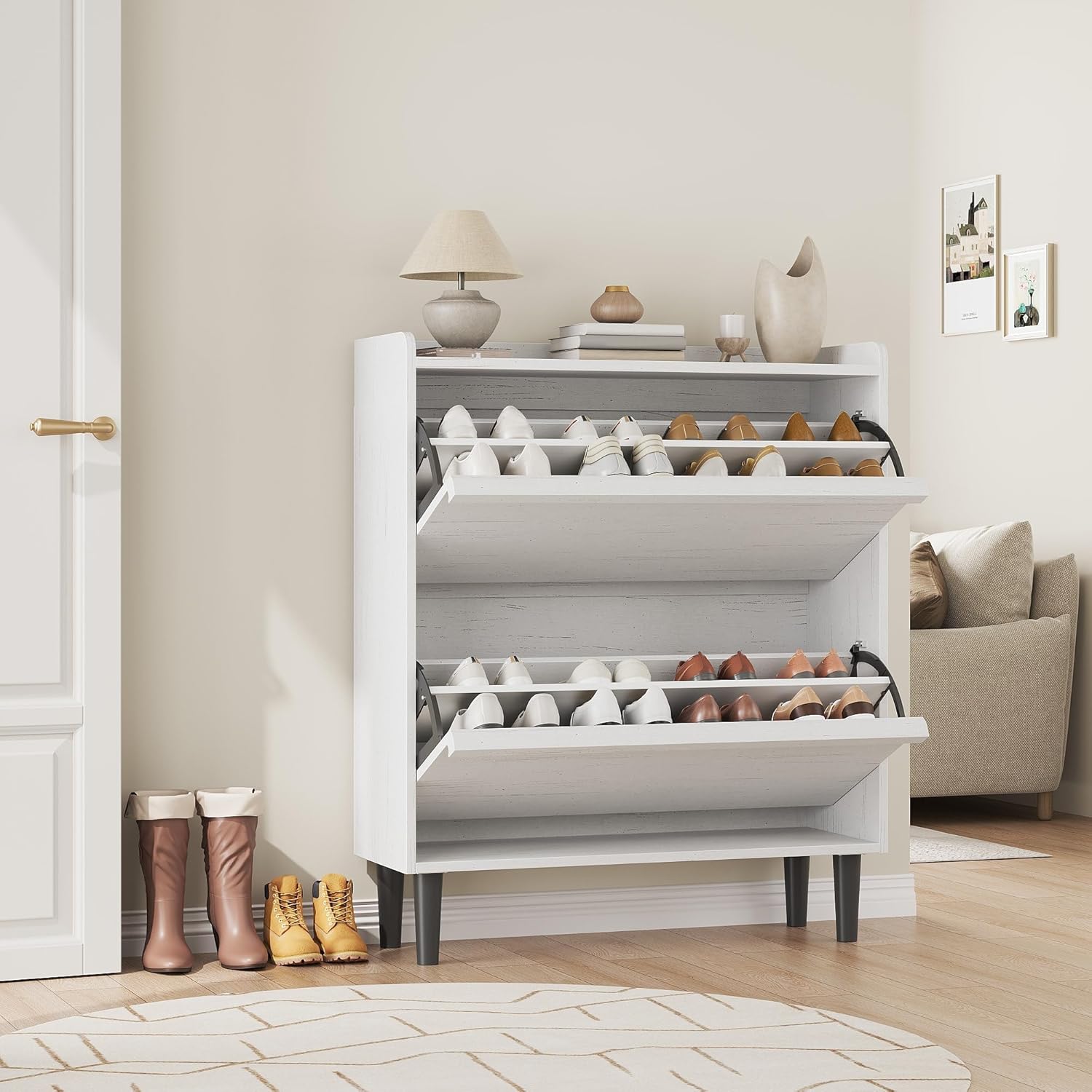 Shoe Cabinet with 2 Flip Drawers, Wooden Shoe Storage Organizer Cabinet, Hidden Shoe Rack with Adjustable Shelf, Space Saving Design, Easy Assembly for Entryway, Hallway, Living Room, White