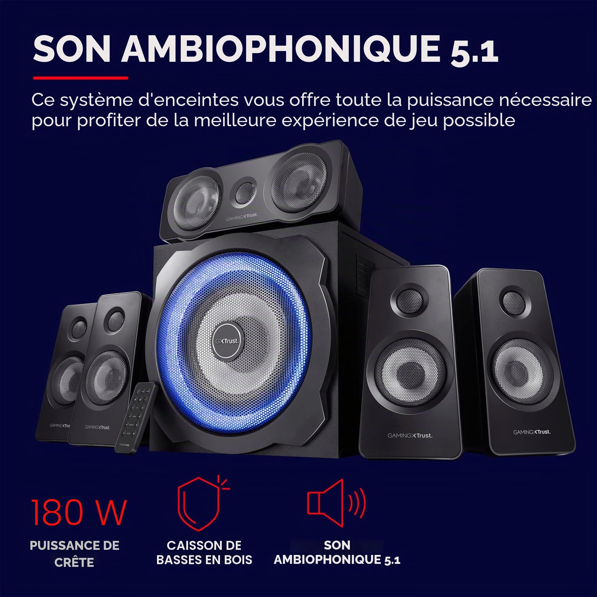 Trust Gaming GXT 658 Tytan Enceinte PC Gamer 5.1 180W Caisson de Basses LED Télécommande sans Fil Noir/Bleu