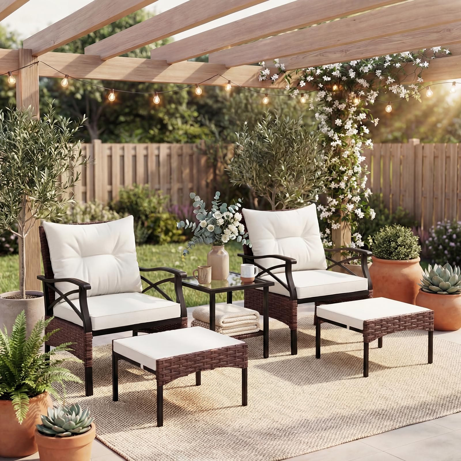 GIANTEX Conjunto Muebles Jardín Exterior de Ratán 5 Piezas, 2 Sillones, 2 Otomanas y Mesa de Vidrio, Cojines Extraíbles, para 2-4 Personas, Juego de Conversación para Patio Terraza (Marrón+Beige)