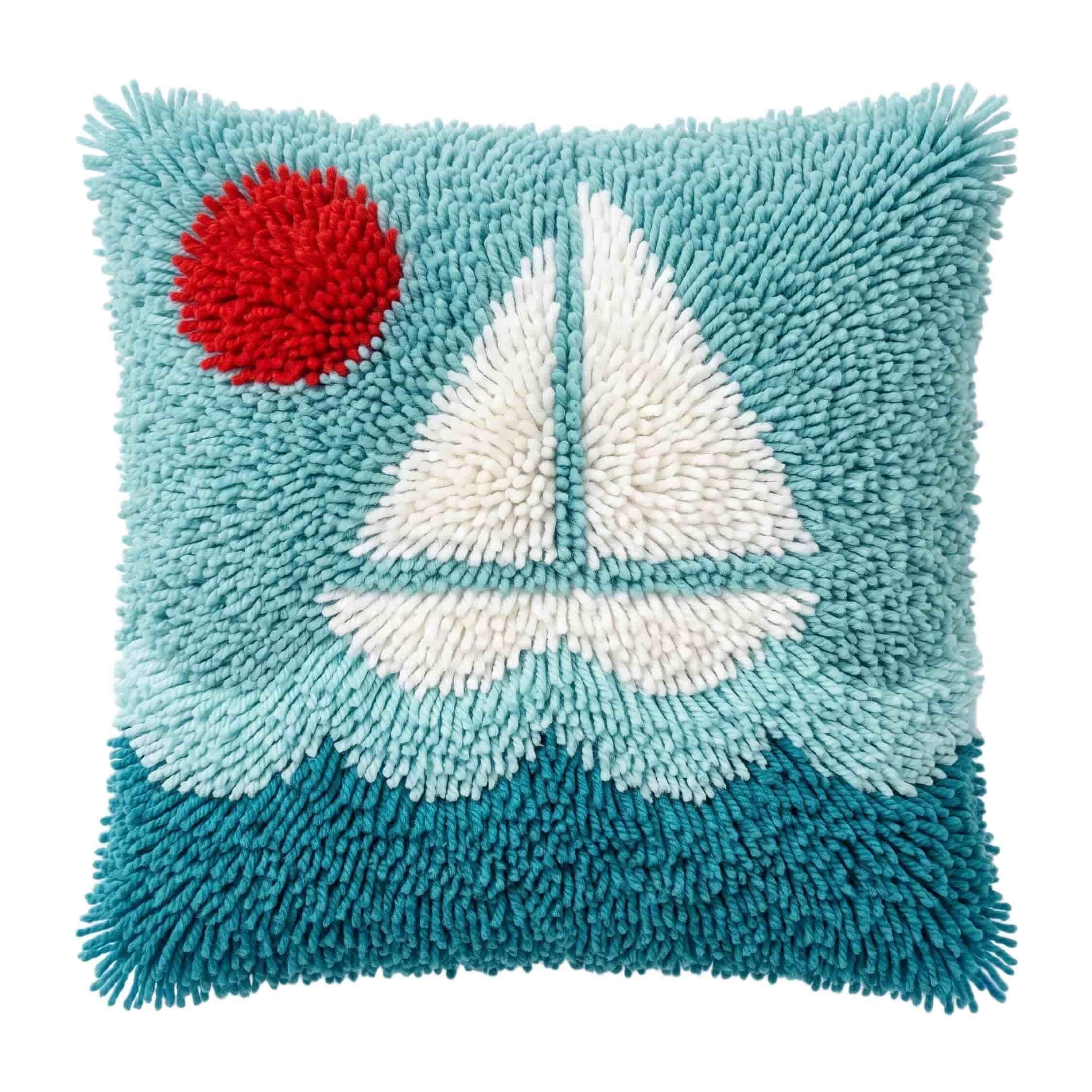 AxiangziK Latch Hook DIY Pillow Kit,Sailboat Cushion Cover 43X43Cm