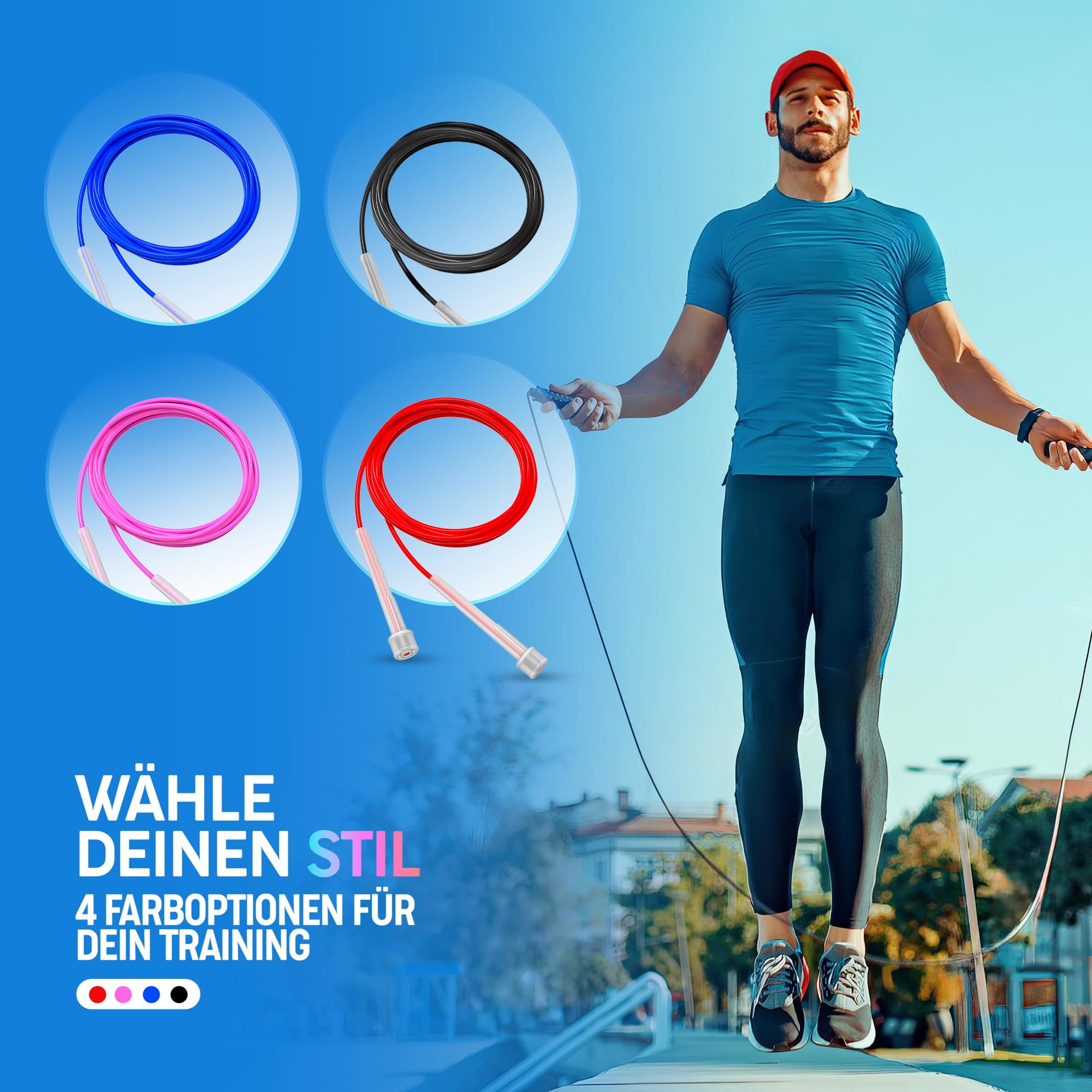PORTENTUM Verstellbares Springseil für Speed Skipping - Leicht für Damen, Herren und Kinder - Fitness, Workout, Frauen- und Männerübungen - 2,8m