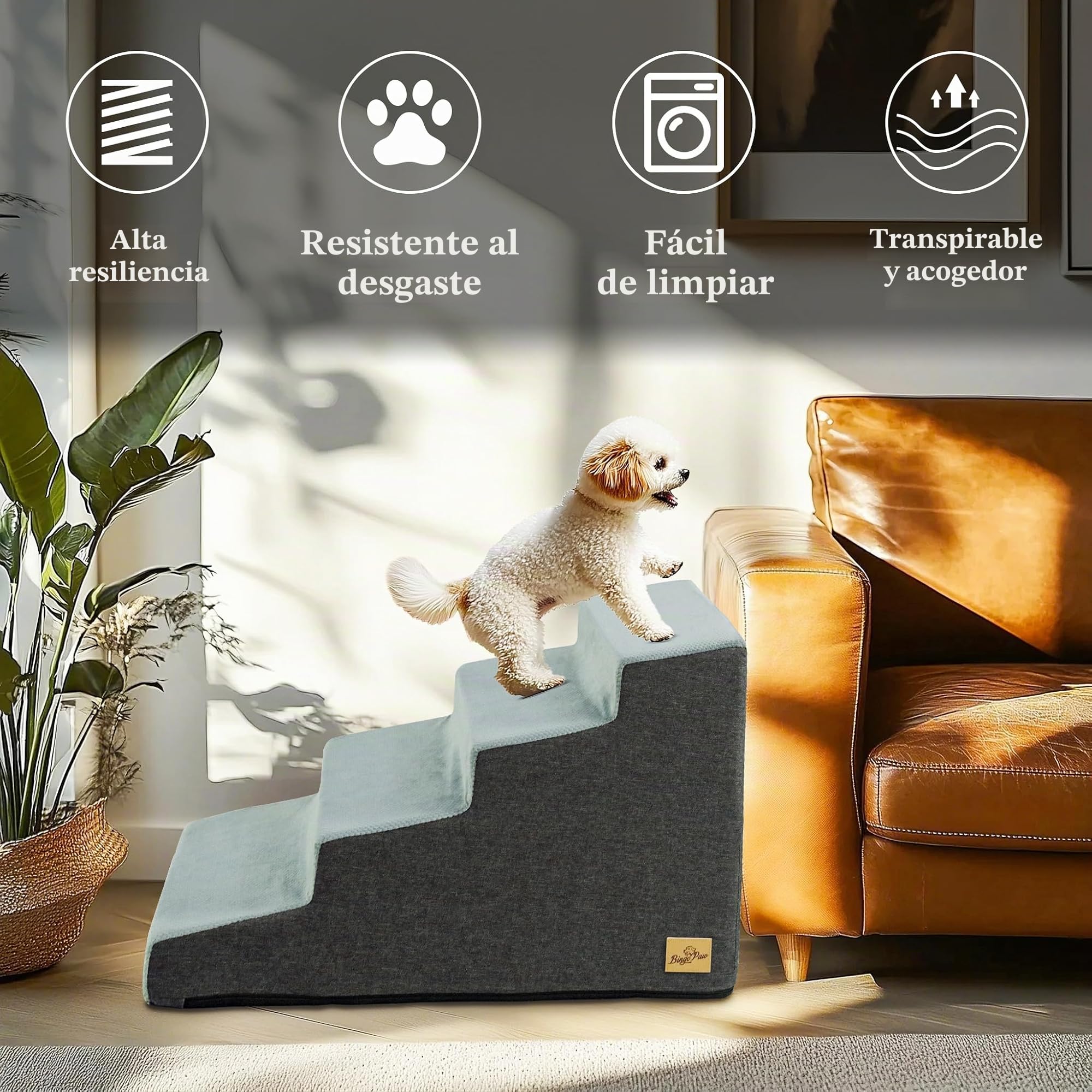BingoPaw Escalera para Perros Pequeños, Escaleras para Mascotas de Espuma para Cama y sofá, Escalera Perros con Funda Removible y Lavable, 76.5x49.5x39cm, 4 Peldaños, Gris