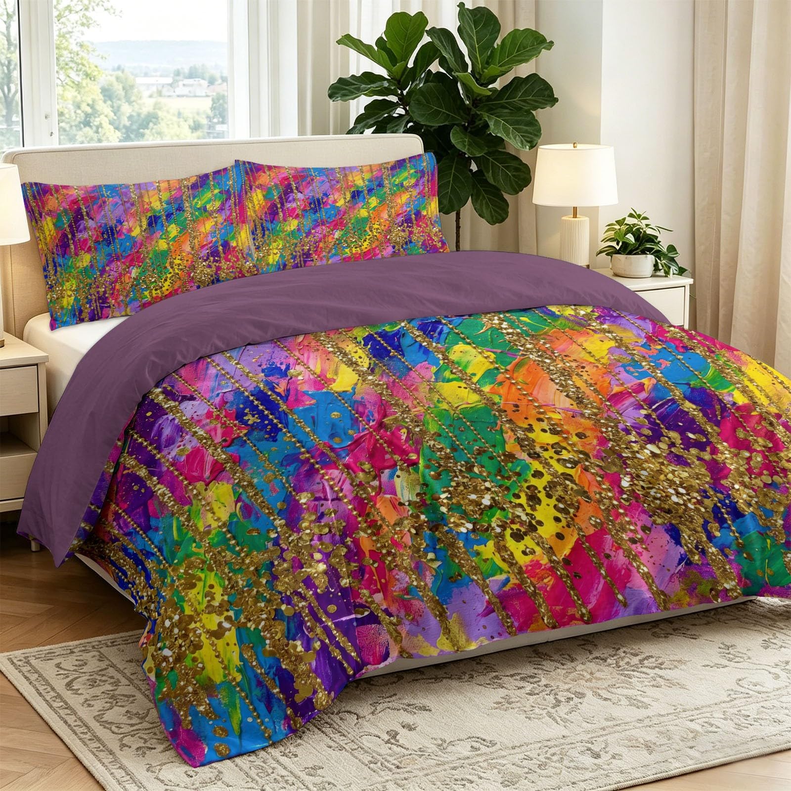 Fantazyjny 3-częściowy zestaw pościeli akwarelowej luksusowej, miękkiej poszewki na kołdrę 140 x 200 cm i 2 poszewki na poduszki 80 x 80 cm, 2-osobowy zestaw pościeli z zamkiem błyskawicznym
