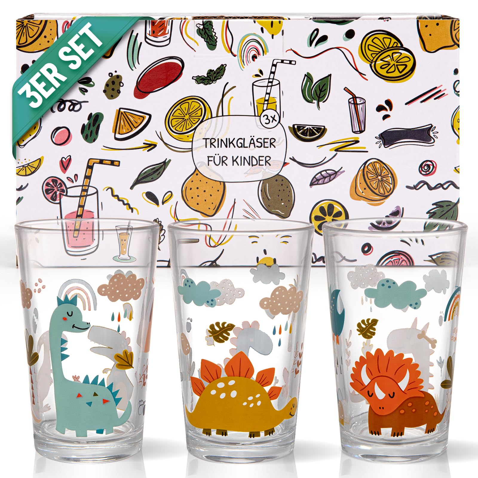 HOMELYN Kindergläser aus Glas 3er Set mit Dino Motiven – 200 ml Trinkgläser Kinder – Spülmaschinenfeste Kindergläser – Kinder Gläser Set aus Glas – Trinkglas Kinder Geschenkidee