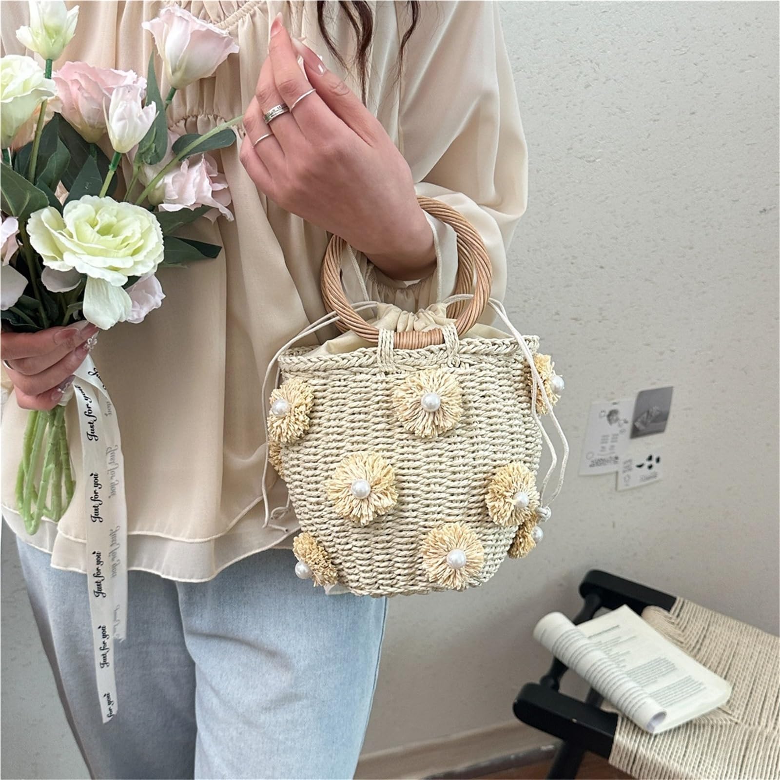 borsa donna estiva Borse a secchiello con strass impreziosite da cristalli fatti a mano in paglia viaggio donna