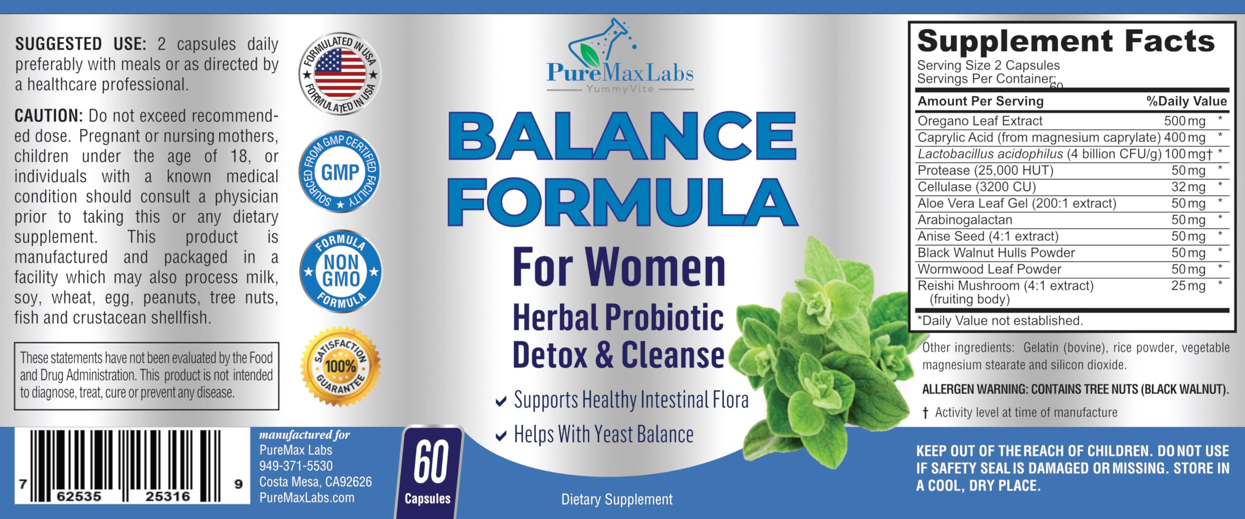 Balance Complex for Women - for Vaginal Health, Herbal Detox & Cleanse, Vaginal Probiotics, Supports Healthy Intestinal Flora, Helps with Yeast Infections 60 Capsules