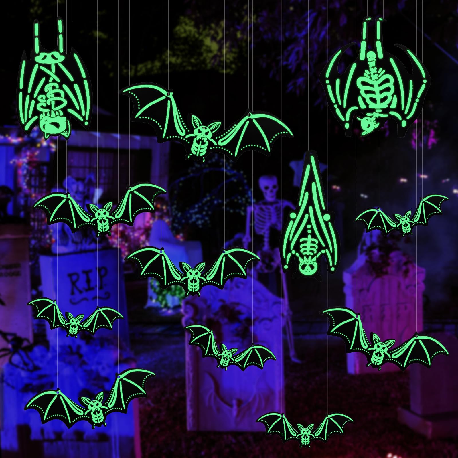 Jiusely 12 Pcs Halloween Hanging Bats Decorations Outdoor Luminous Hanging Bats, 3 Sizes Halloween Flying Bats Luminous Bat Decor for Haunted House Yard Halloween Decorations Supplies