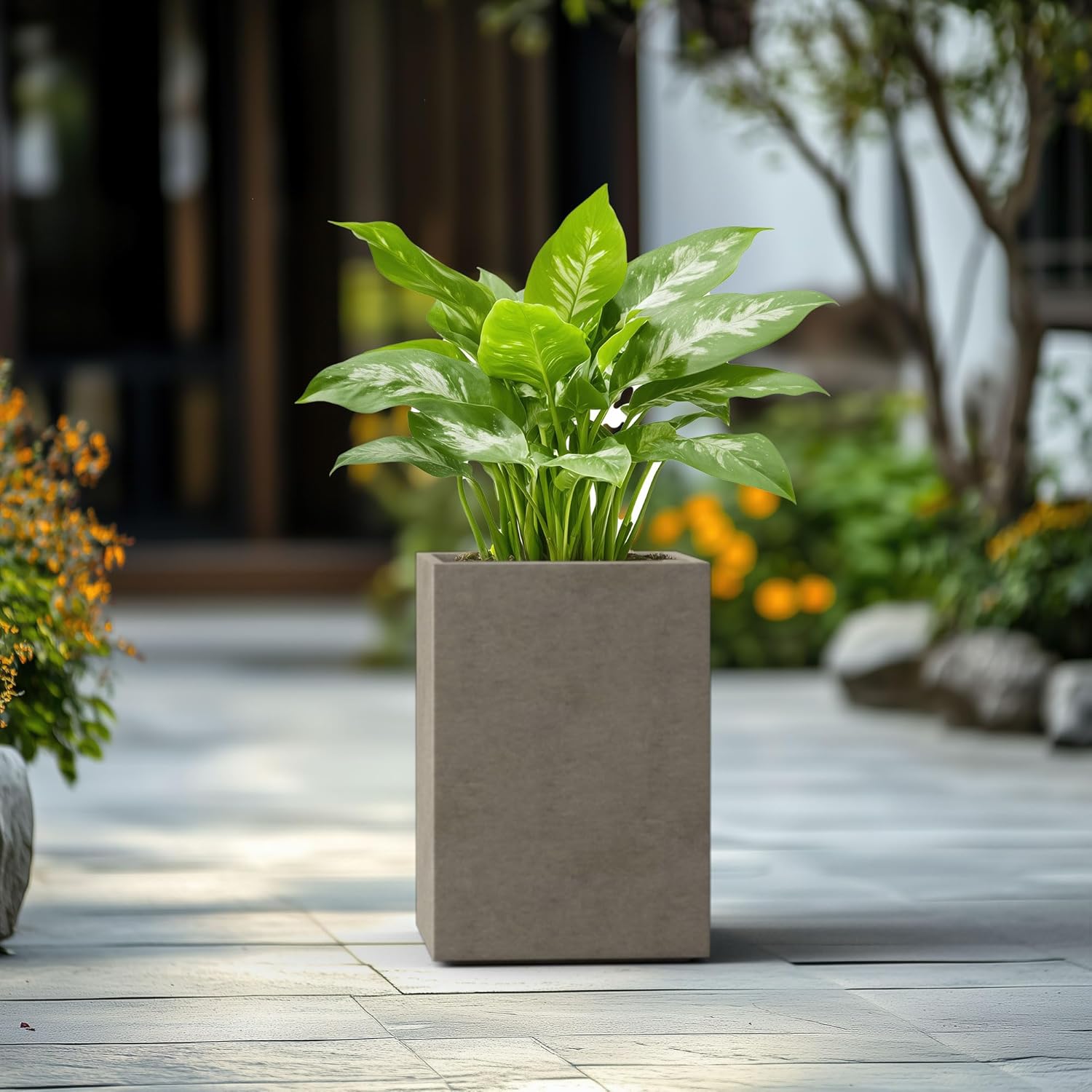 Kante AF0007C-80021-2 Lightweight Durable Modern Square Outdoor Planter, 19 Inch Tall, Gray Concrete