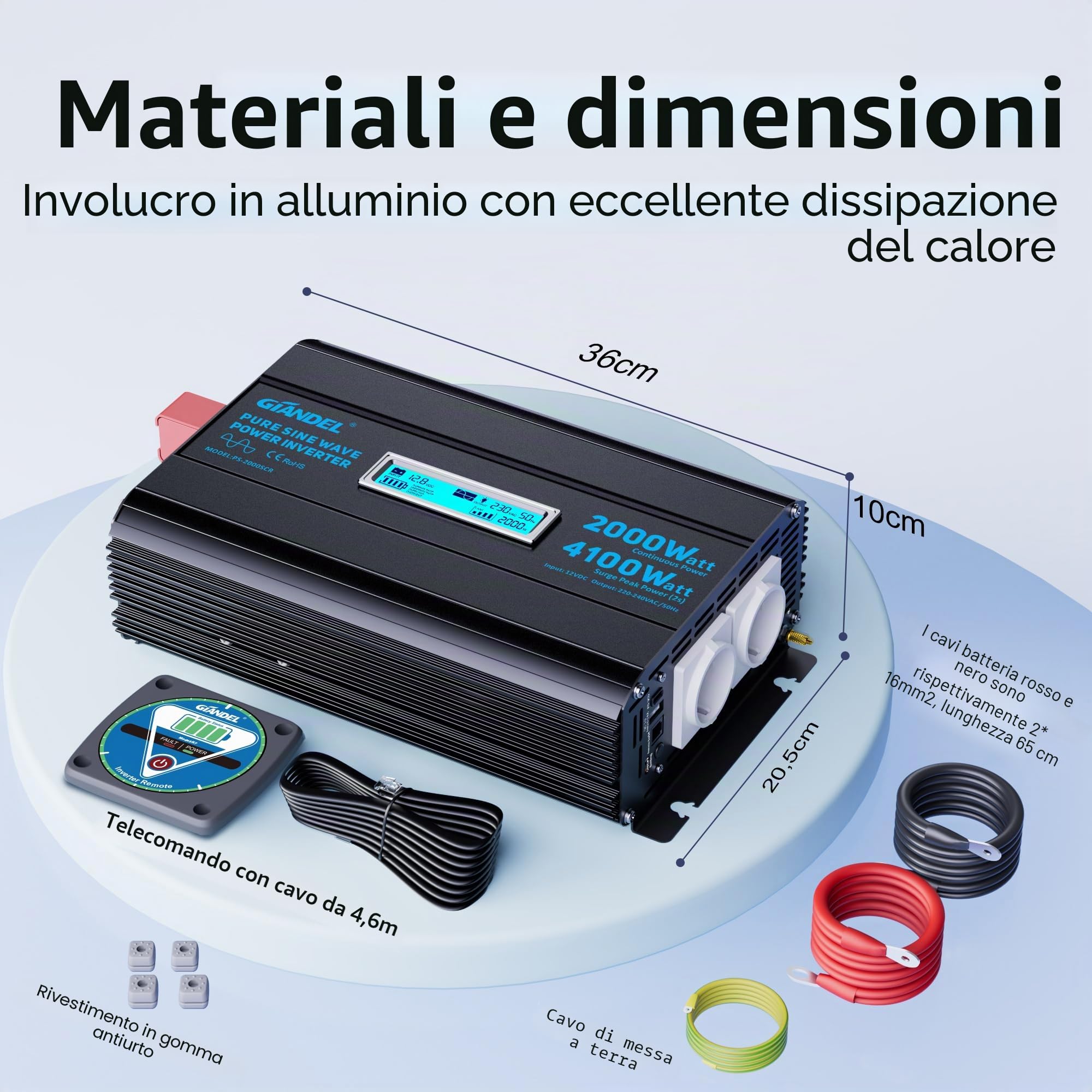 GIANDEL 2000W Inverter Onda Sinusoidale Pura 12V a 230V per RV e Off-Grid | Convertitore con picco 4100W, spegnimento a bassa tensione regolabile, telecomando, USB-C PD 36W per camper, casa e solare