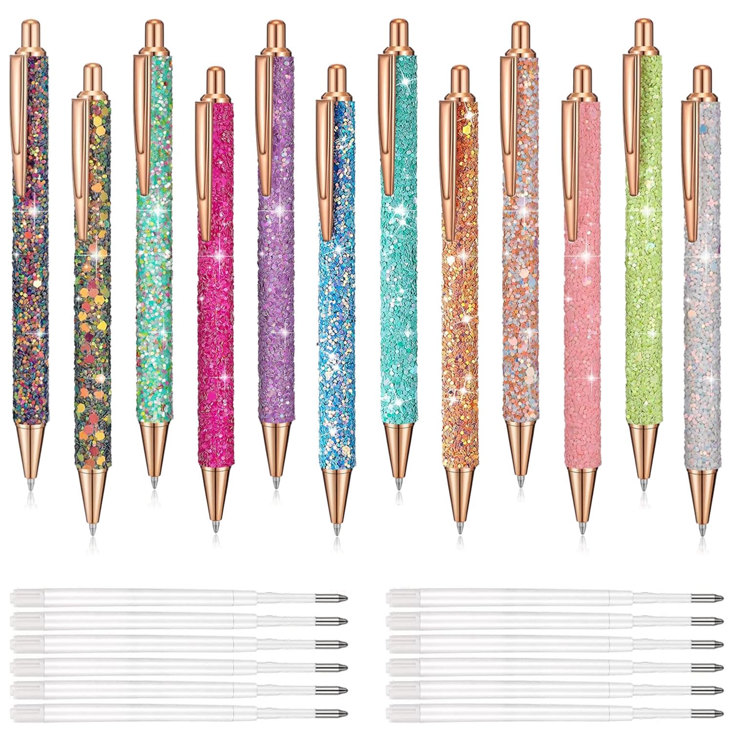 XIANFANG 12 PCS Glitter Pens for Women and Girls with 12 Refills, Fancy Retractable Sparkly Pens, Cute Office Supplies, Stylish Gifts for Teachers, Nurses, Bridesmaids, and Adults