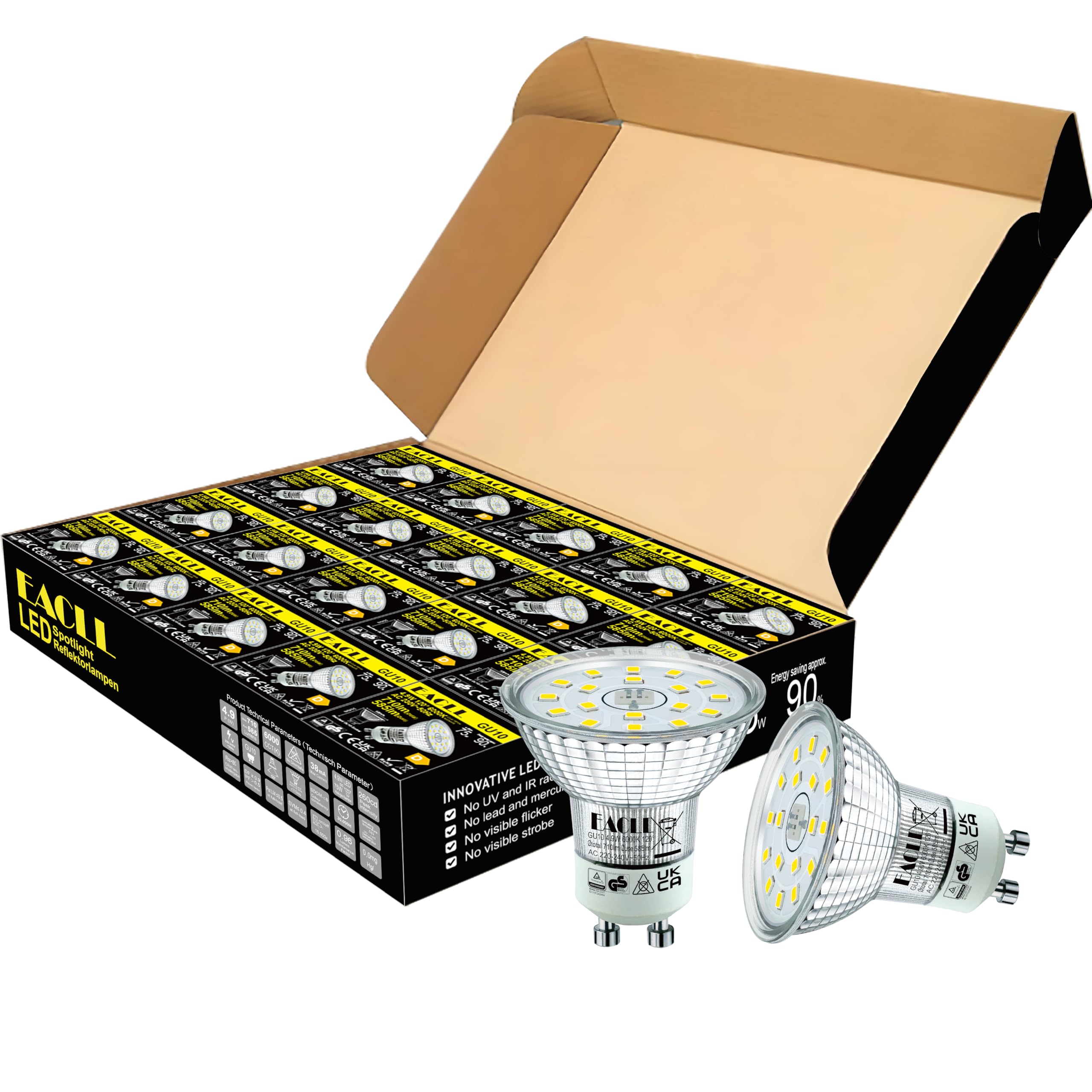 EACLL Lampadine LED GU10 4.9W Equivalente a Alogena 75W, Pacco da 20, 585lm 6000K Bianco Freddo, Faretti AC 230V senza Sfarfallio, Angolo a Fascio 120° Spot, Non Dimmerabile corta Riflettore Lampade