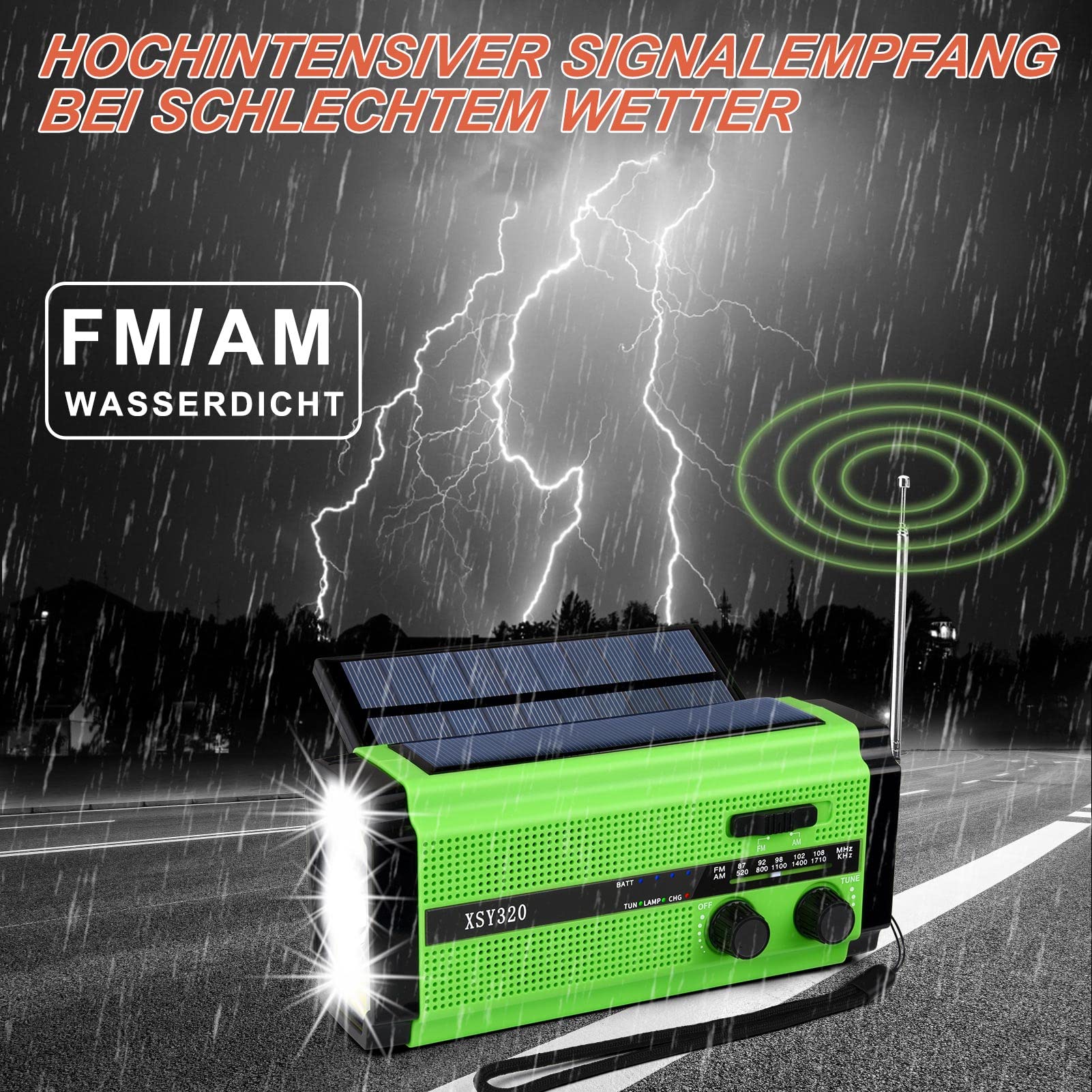 YIKANWEN Radio Solar Portátil, Radio Am/FM con Manivela y Batería Recargable 5000mAh, Linterna LED, Luz de Lectura y Alarma SOS para Camping y Exteriores (Verde)
