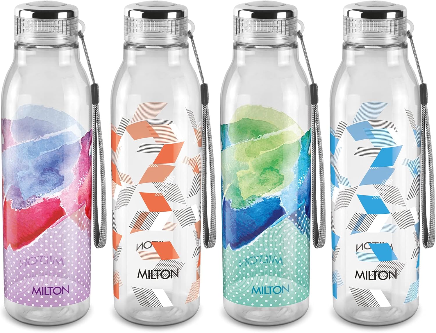MILTON Helix Water Bottle with Lid Reusable Leakproof 34 Oz Set of 4, Assorted, Plastic Large Big Drink Handle Strap Carrier Bottle Perfect for Cycling Camping Hiking Gym Yoga Great for Juices Milk