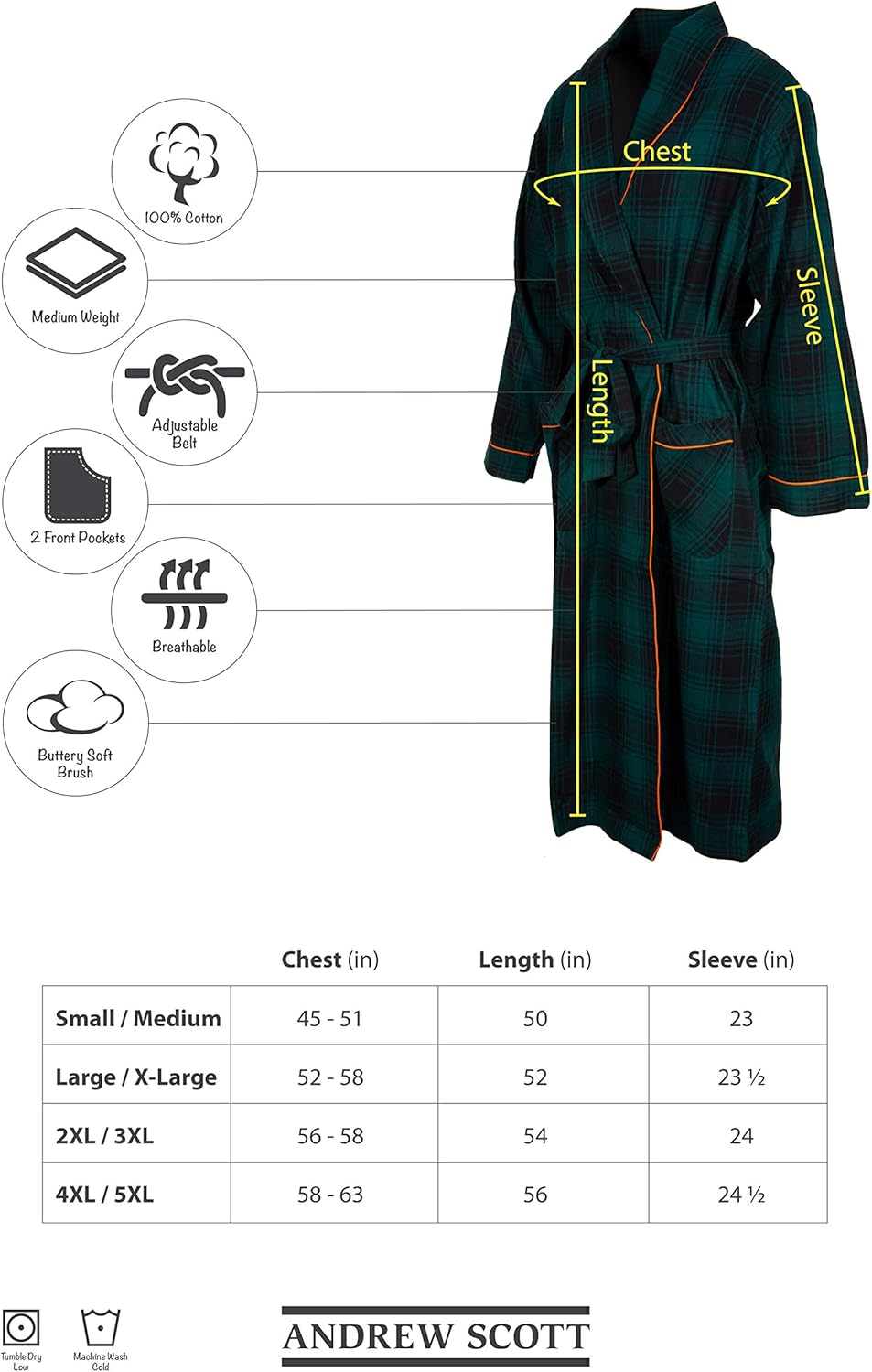 Andrew Scott Mens 2 Pack Long Sleep -Sauna Robe / 100% Cotton Flannel Brush Warm Bathrobe at  Men’s Clothing store