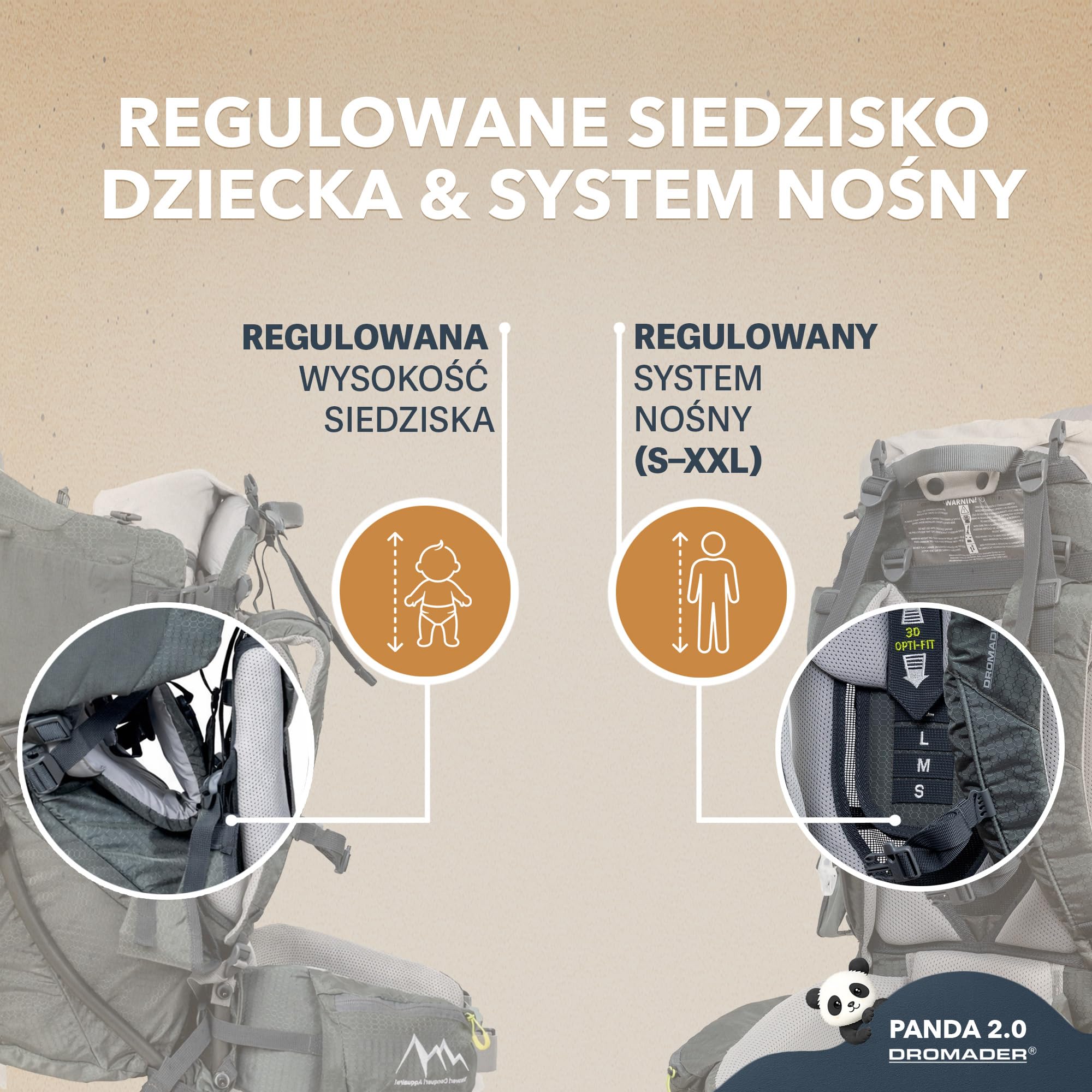 Dromader Nosidełko Turystyczne dla dzieci do 18kg - Regulowane Siedzisko z Poduszką do Spania - Chowany Daszek Przeciwsłoneczny - System Nośny Odciążający Kręgosłup - Kieszeń Termiczna – Panda Olive
