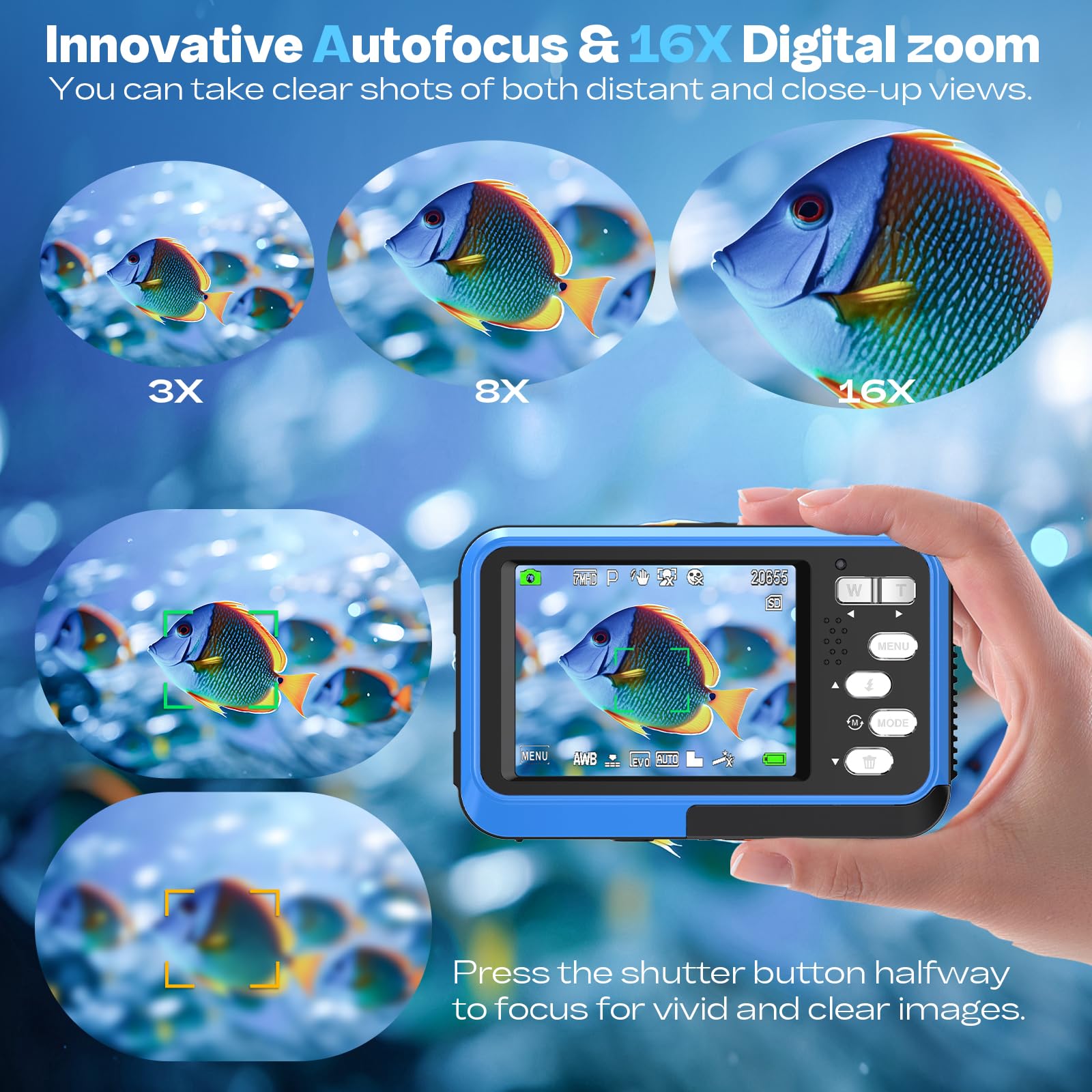 Appareil Photo Numérique HICSHON 4K étanche 48 MP Autofocus Caméra sous-Marine avec Carte mémoire 64 G Selfie Dual écrans avec Zoom 16X, Compact pour Enfants/débutants (Bleu)