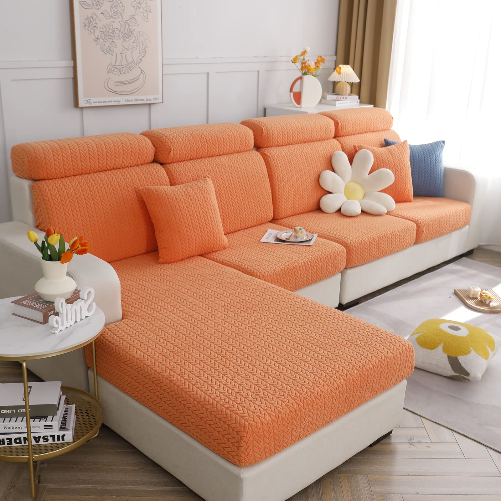 Universal Sofa Cover, 2023 New Wear-Resistant High Stretch Couch Cushion Slipcovers, Anti-Slip L Shape Sofa Covers - Tear Stain Resistant Sofa Protector (Orange, Pillowcase)