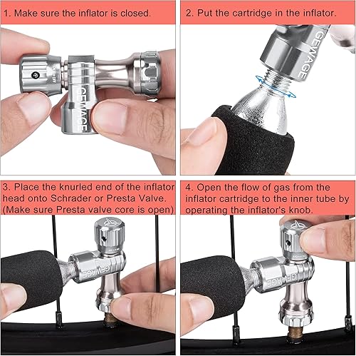 Miniatura 6 de Inflador de CO2 con 4 cartuchos de 0.56 oz - Bomba de bicicleta de CO2 compatible con válvula Presta y Schrader - Inflador de neumáticos de