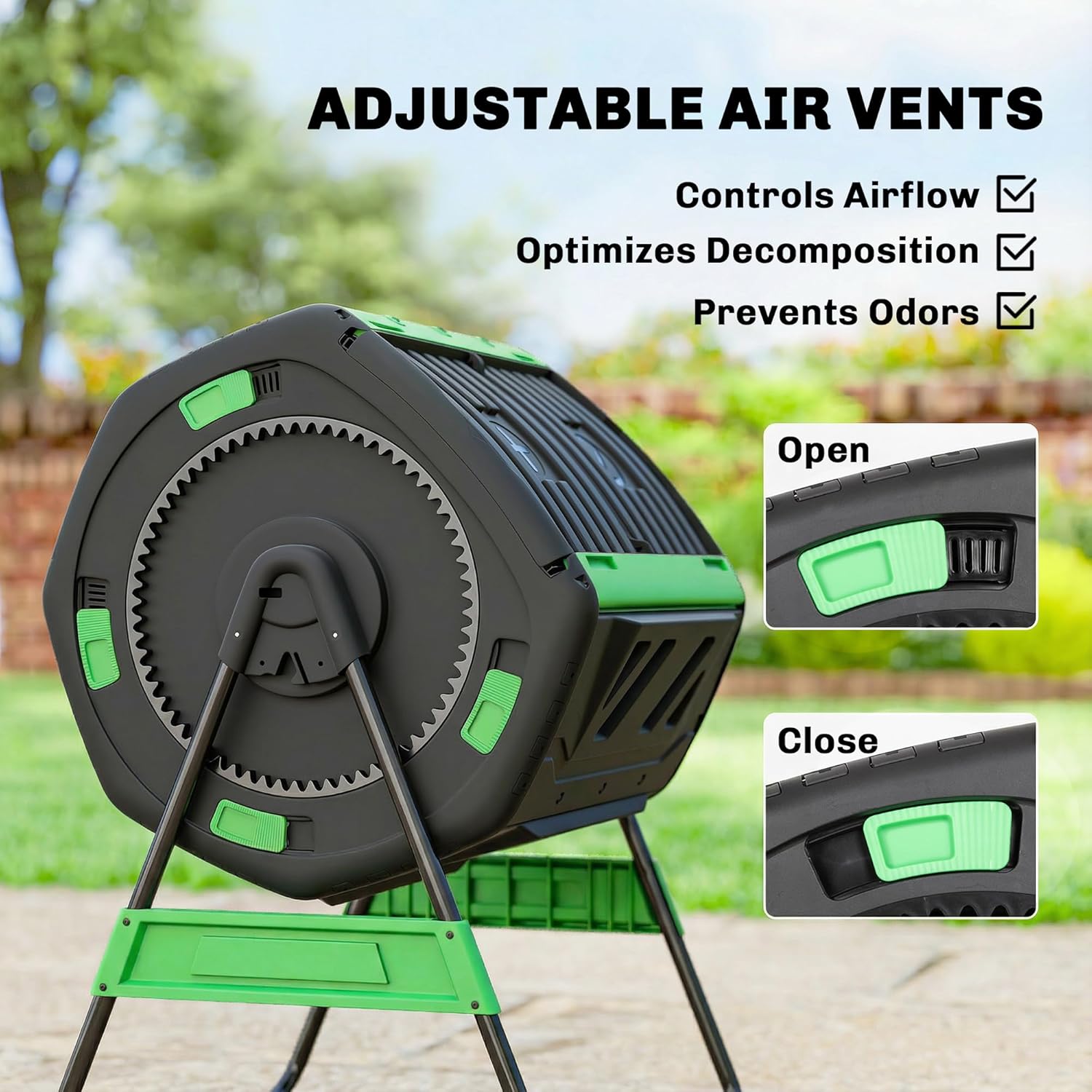 Outsunny Compost Bin Outdoor, 53 Gal Dual Chamber Compost Tumbler with 8 Adjustable Vents, BPA Free Rotating Tumbling Composter with 2 Sliding Doors and Metal Frame for Kitchen, Garden, Yard, Green