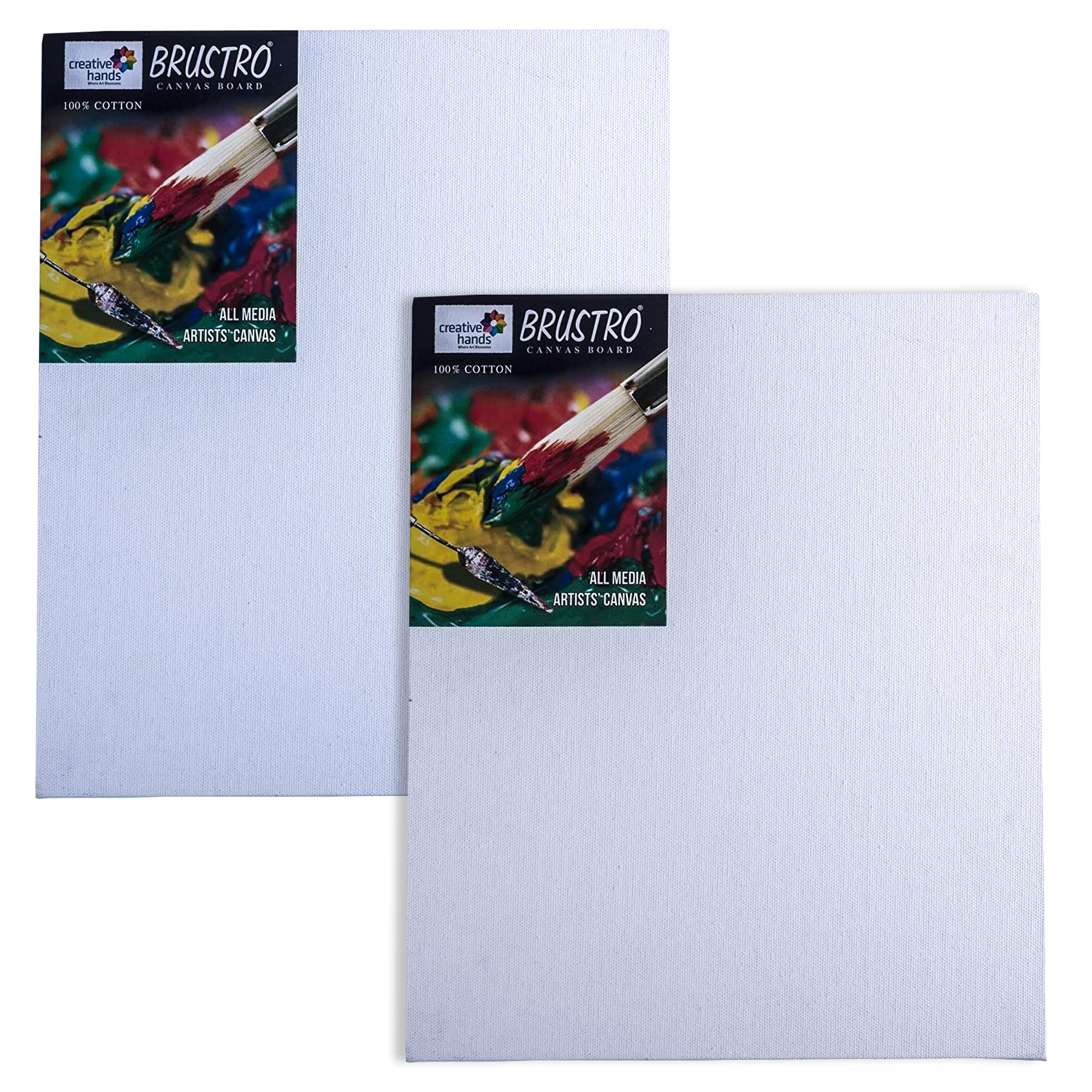 BRUSTRO Artists 100% Cotton Canvas Board | 8 x 10 Inch, 4 mm | Pack of 2 | White | Medium Grain, Acrylic and Oil Painting, Strudy, Zero Percolation, Acrylic, Ideal for Students, Professionals