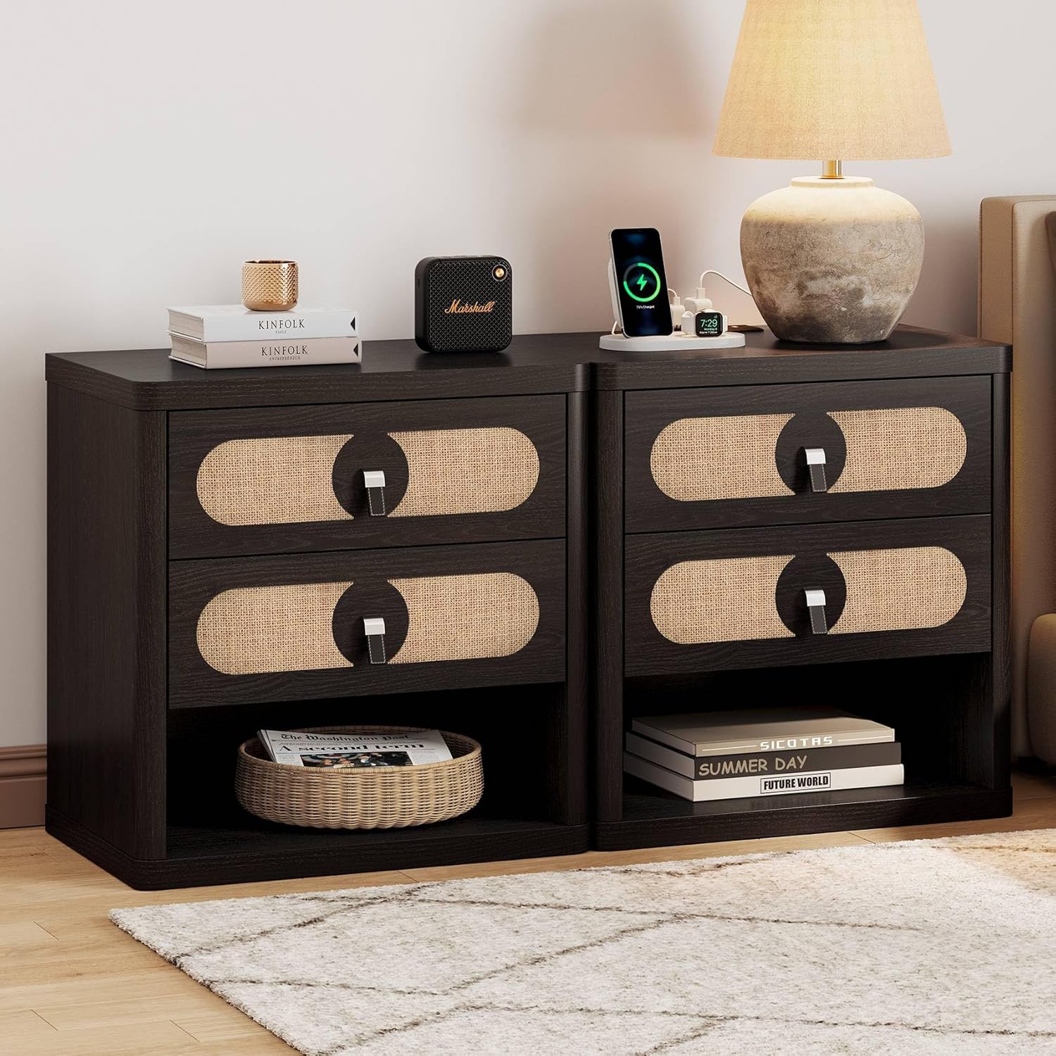 SICOTAS Wide Night Stand Set of 2 with Charging Station and