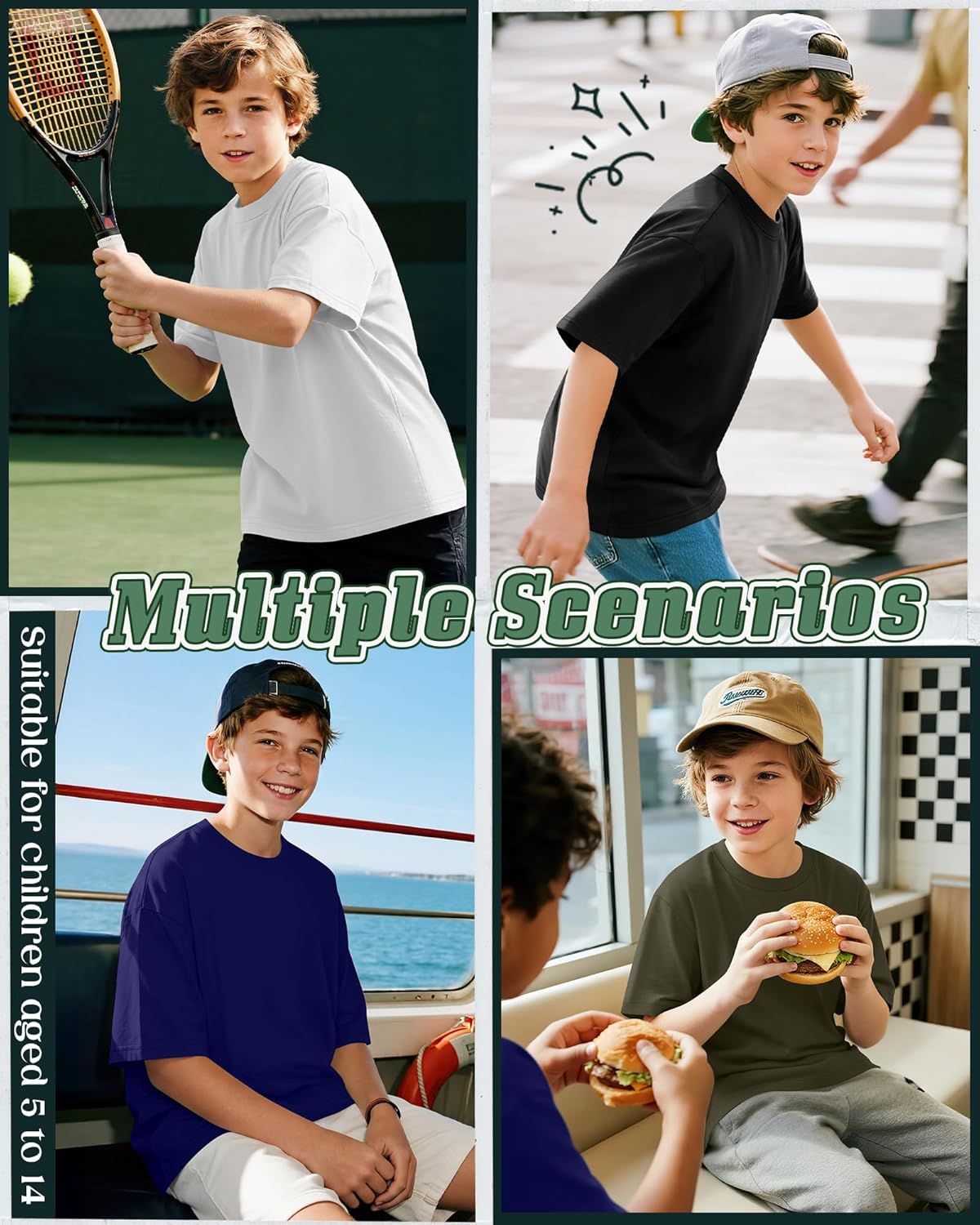 Oakgarden 5 Pack Boys Oversized Shirts Loose Fit Plain Short Sleeve Crewneck Tops Baggy Casual Basic Tees for Kids 5-14 Years