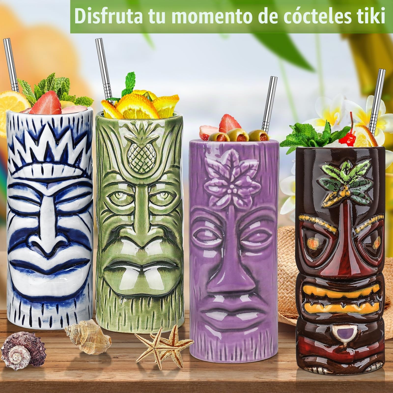 SuproBarware Juego de 12 tazas Tiki - Grandes vasos de cóctel Tiki, vasos de cóctel exóticos y lindos para fiestas hawaianas, vasos de cerámica hawaiana