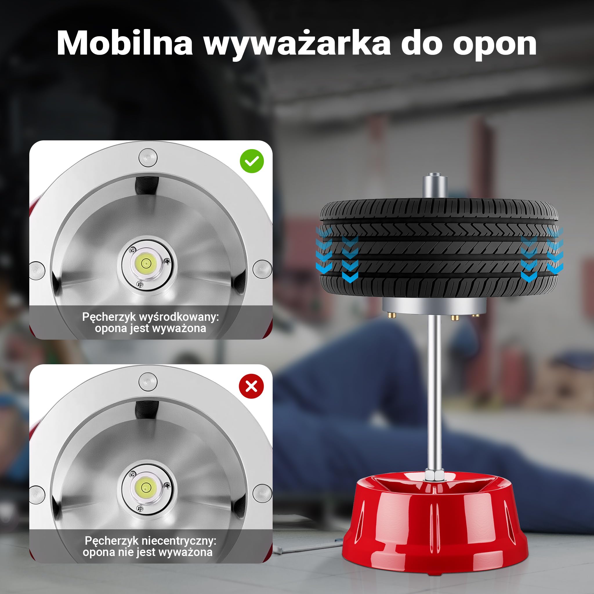 Wiltec Wyważarka do opon o wymiarach 29 x 29 x 57,5 cm, przenośna wyważarka do piast ø 1-1/2”, do kół samochodowych i lekkich ciężarowych, z aluminium