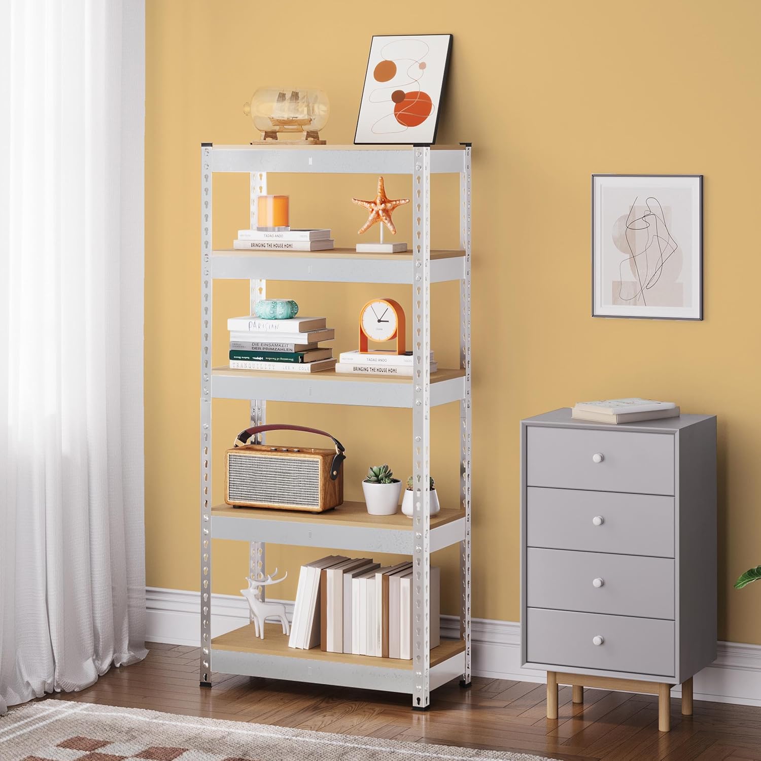 A Yaheetech 5-tier shelving unit in a living room, used for decorative items, books, and a radio.