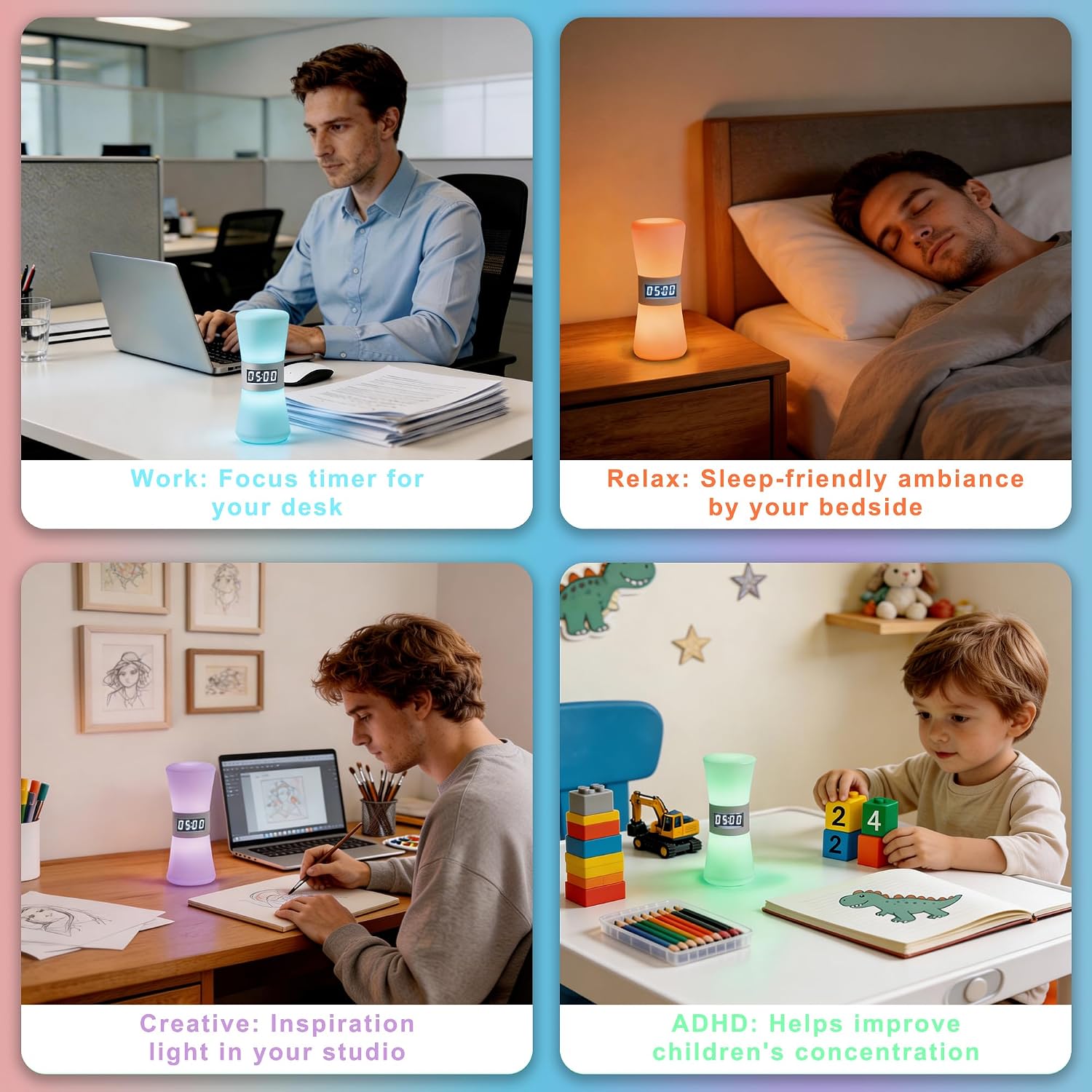 RGB LED Visual Timers, Rechargeable Digital Hourglass with 8 Gradual Change Colors, ADHD Timer for Youth& Adults, Time Flow Light Simulation, Rotate to Reset & Night Light, Perfect for Home