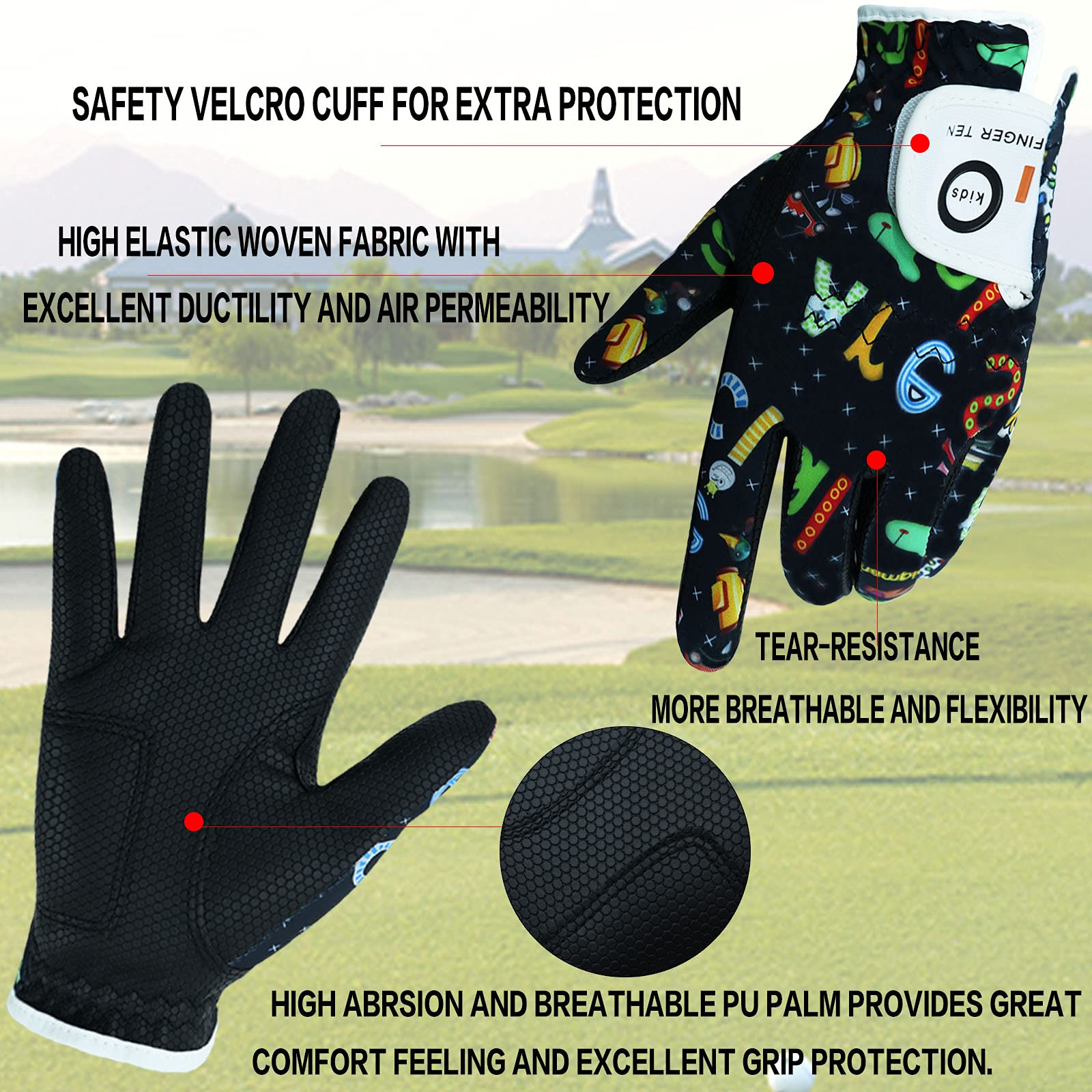 FINGER TEN Golf Gloves Kids Youth All Weather Soft for Left Right Hand Rain Grip Breathable Value 2 Pack - Image 3