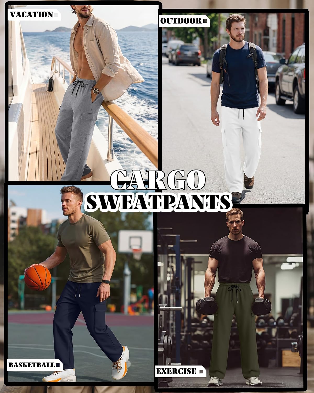 Locoowai 5 Pack Men's Cargo Sweatpants Lightweight Baggy Wide Leg Open Bottom Joggers Drawstring Pants with Pockets