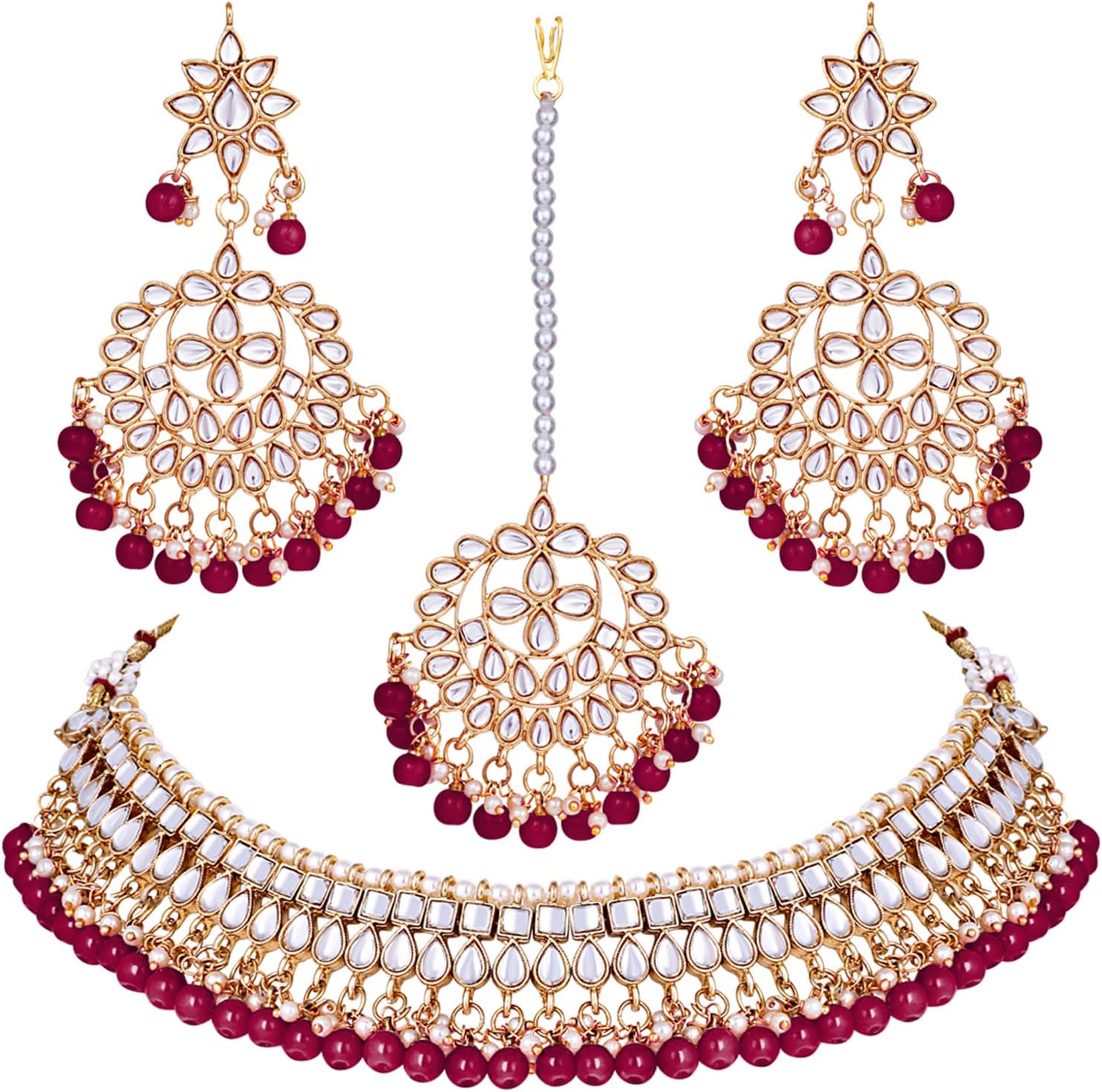 Aheli Faux Kundan Beaded Necklace Earrings Maang Tikka Indian Bollywood Ethnic Jewelry Set Gift for Women