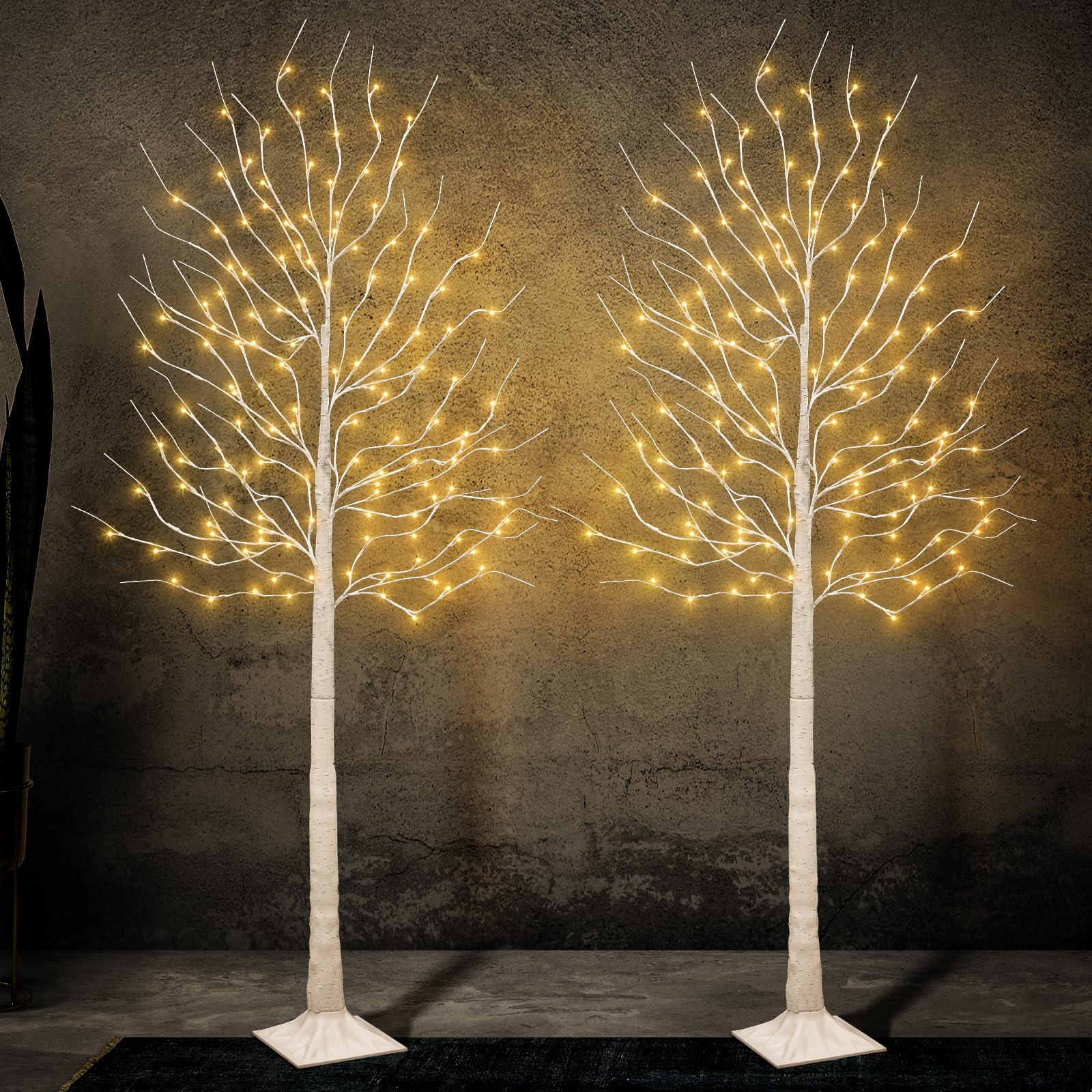 2PK Lighted Birch Tree with 144 Warm White Lights, 8 Modes Prelit White Artificial Christmas Trees for Holiday Indoor Outdoor Decor Garden Wedding Party Bedroom Decoration