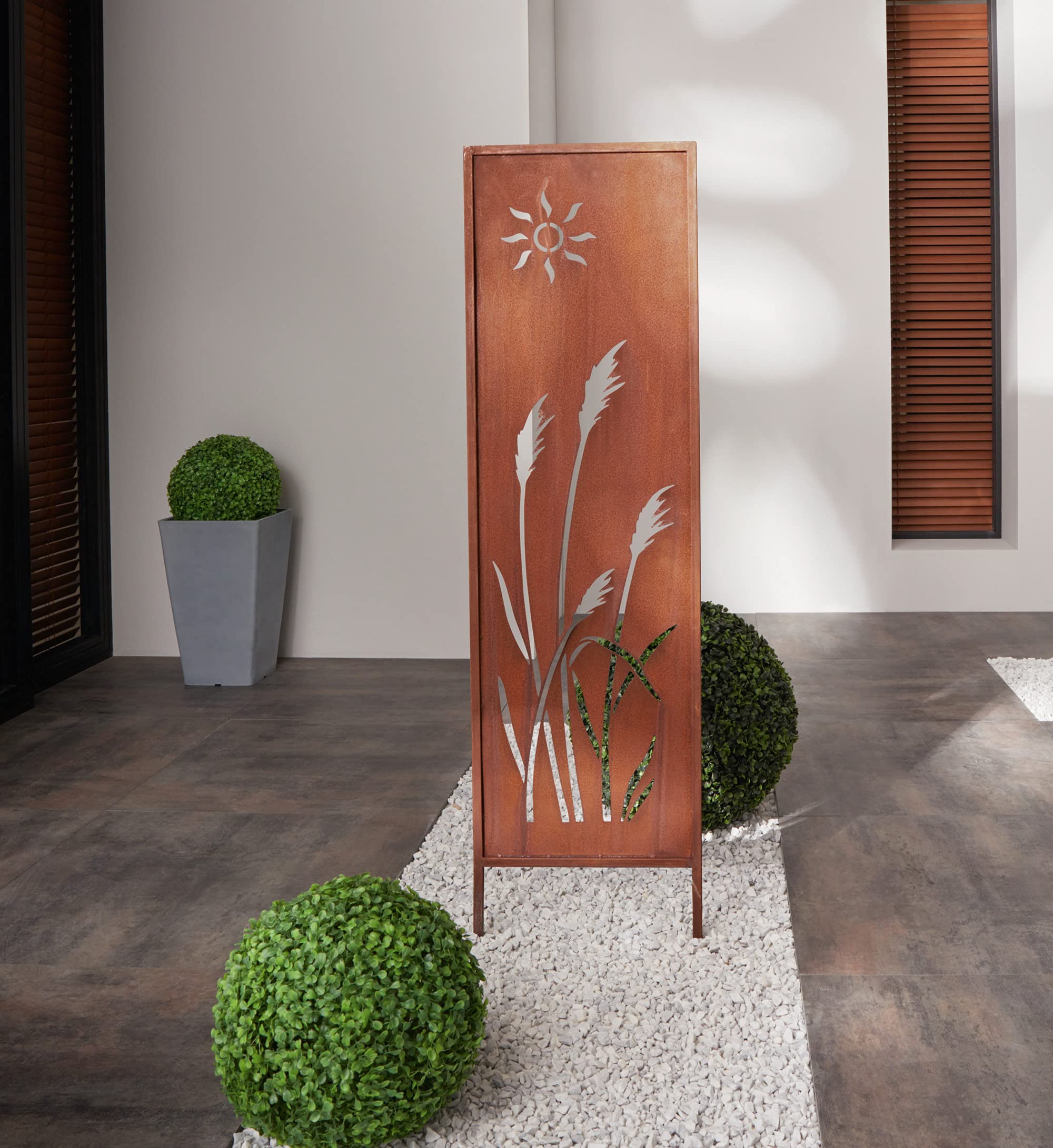 Dekoleidenschaft Deko-Schild mit „Schilf“-Ausstanzungen, 117 cm hoch aus Metall mit Rost-Optik, Garten-Paneel, Gartendeko für Draußen, Gartenstecker, Rostschild