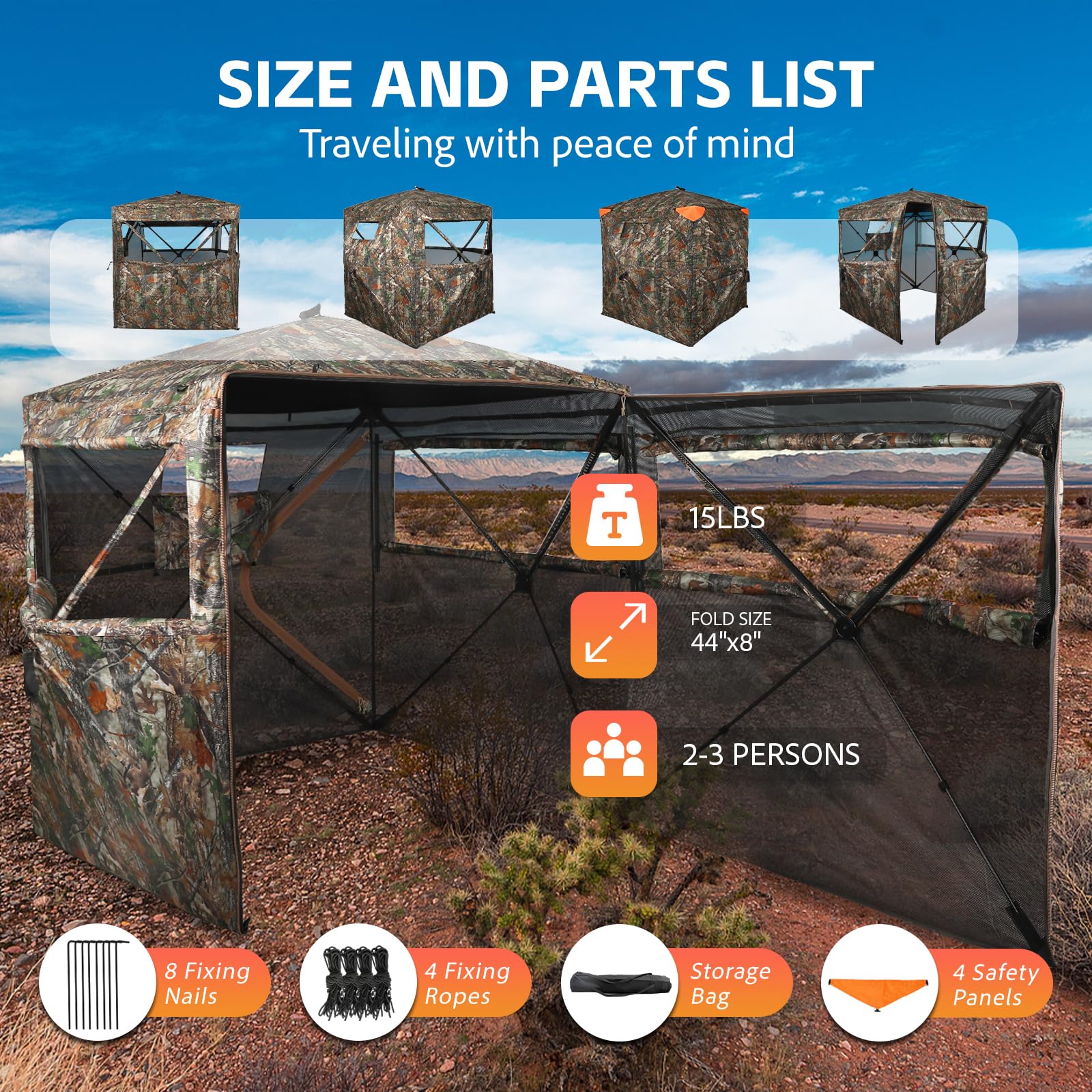 FUNHORUN Persiana de caza de 360 grados, transparente, doble puerta, para caza, 2/3 personas, portátil, camuflaje, ciervos/pavos, con paneles de seguridad naranja