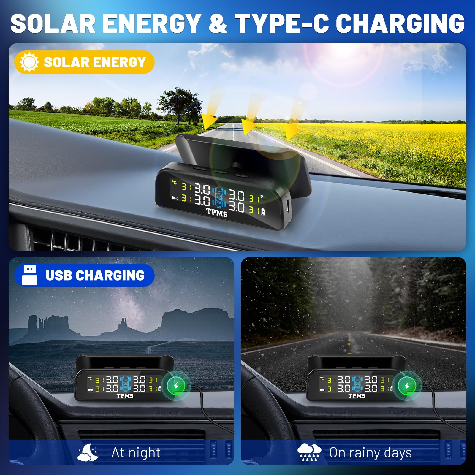 0-3.5 Bar Reifendruckkontrollsystem TPMS Solarladung USB Aufladung, 5 Alarmmodi mit LCD 4 Externer Sensoren Reifendruckwächter für Autos SUVs Wohnmobilen Anhängern LKW