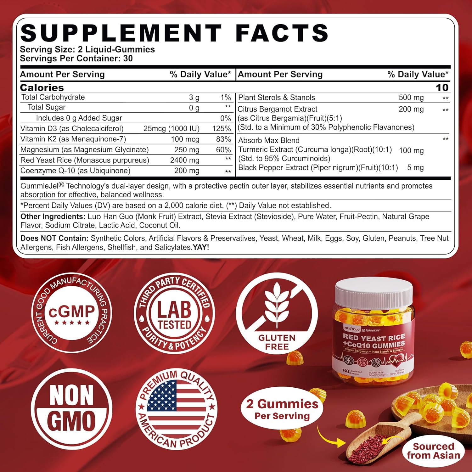 Red Yeast Rice Gummies with CoQ10 for Ages 50+, Sugar Free, Vegan, 60 Cts — Amazon image 2