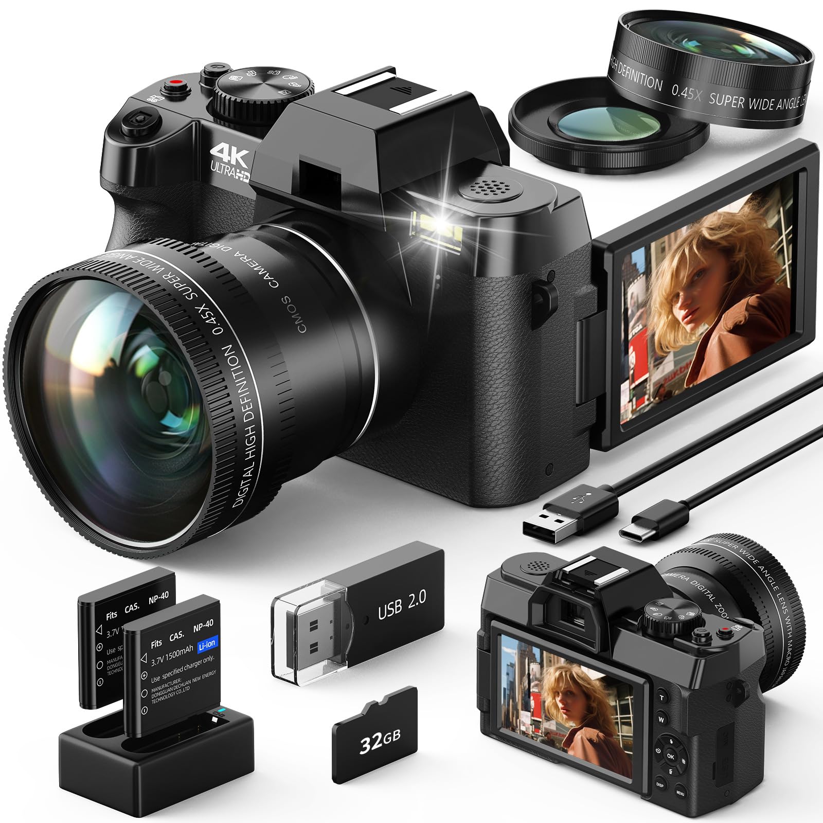Digital Camera, 4K 48MP Cameras for Photography, 180° Flip Screen Camera with 16X Digital Zoom and WiFi Auto-Focus Vlogging Camera for YouTube with