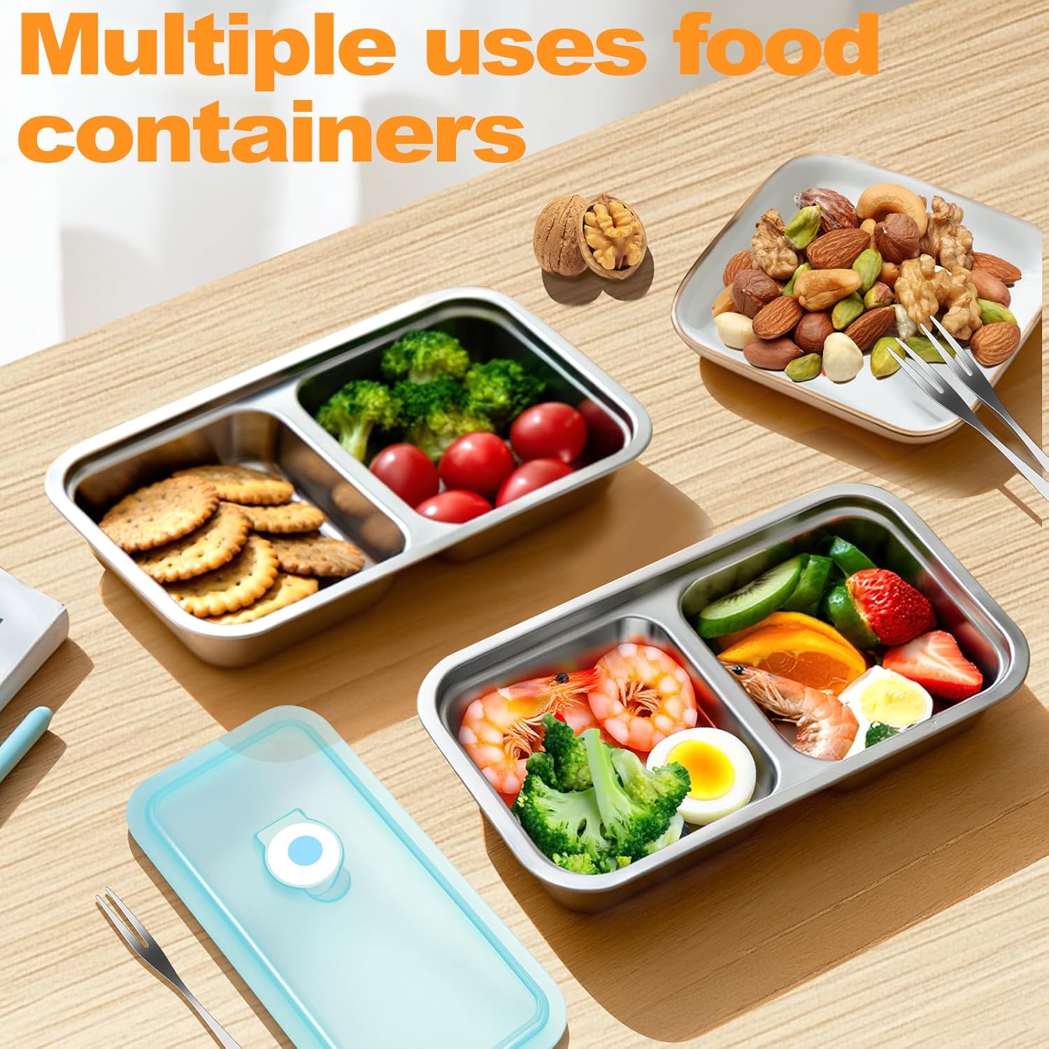 Vovyager 6 Pack Stainless Steel Snack Containers, Grab and Go Reusable Double Compartment Food Storage Containers with Lids, Meal Prep Lunch Box Containers for Lunch Camping Travel Gym and Daily Use - Image 3