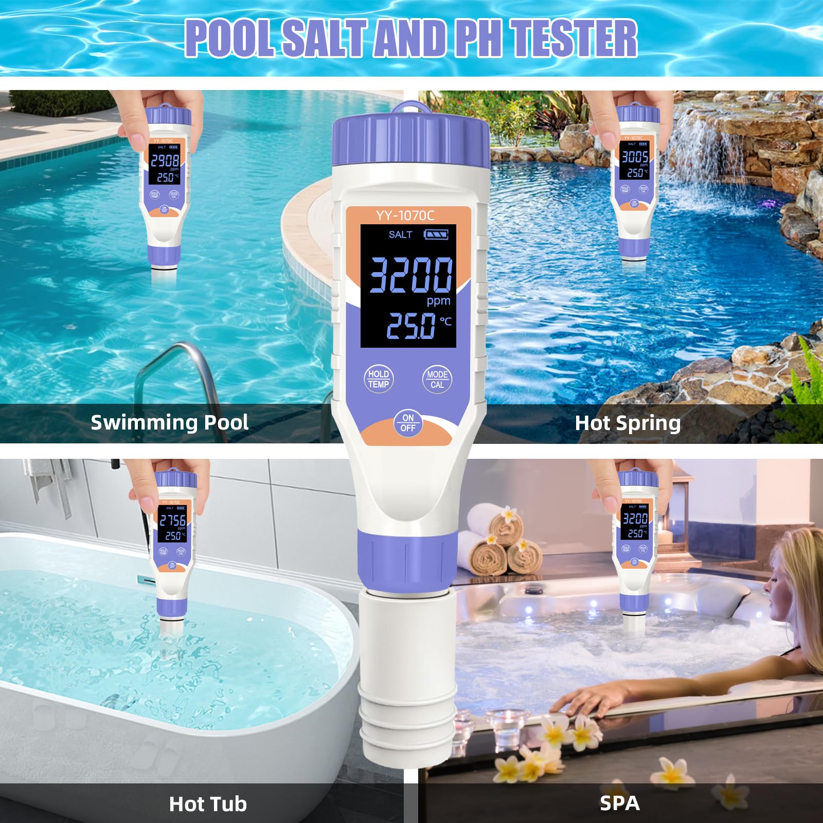 7-in-1 Digitaler Pool-Wassertester – Chlor, pH, Salz, ORP, EC, TDS & Temperatur – für Salzwasserpools, Whirlpools, Spas, Aquarien & Hydroponik – Sicheres & gesundes Schwimmen