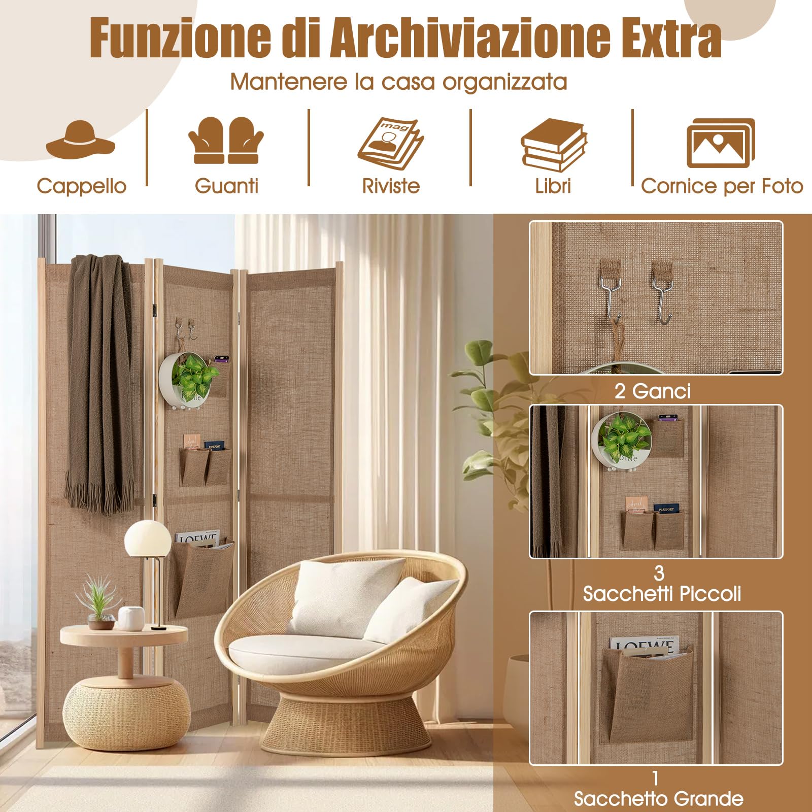 COSTWAY Paravento a 3 Pannelli, Separé Divisorio da Interno in Lino Finto con Tasche di Stoccaggio e Ganci, Pannelli Divisori Pieghevole per Camera da Letto, Ufficio e Soggiorno