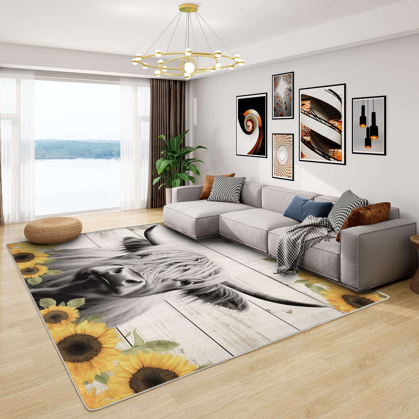Highland Cow Gifts - Highland Cow and Sunflower Rug, Farmhouse Rustic Wood Effect Rugs for Living Room Bedroom, Washable Non Slip Soft Small Carpet, Patterned Area Rugs & Home Decor 60x90 cm