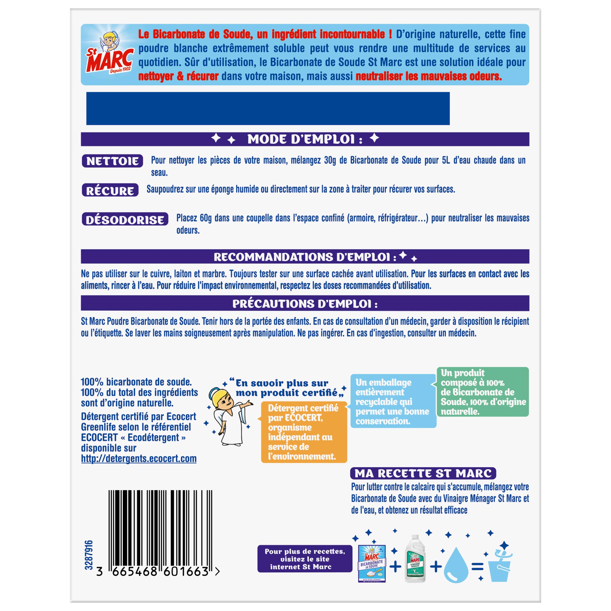 St Marc Bicarbonate de Soude Nettoyant Multi-Usage 100% d'Origine Naturelle 680g - Lot de 3