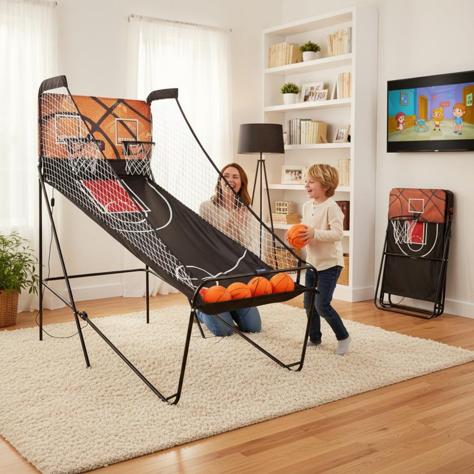 Indoor Basketball Spiel Basketball Arcade Set Korbanlage Wurfspiel Elektronischer Punktezähler Zweispieler Faltbar mit 5 Mini Bällen aus Stahlrohr Und MDF für Eltern Kind Spielzimmer Partys