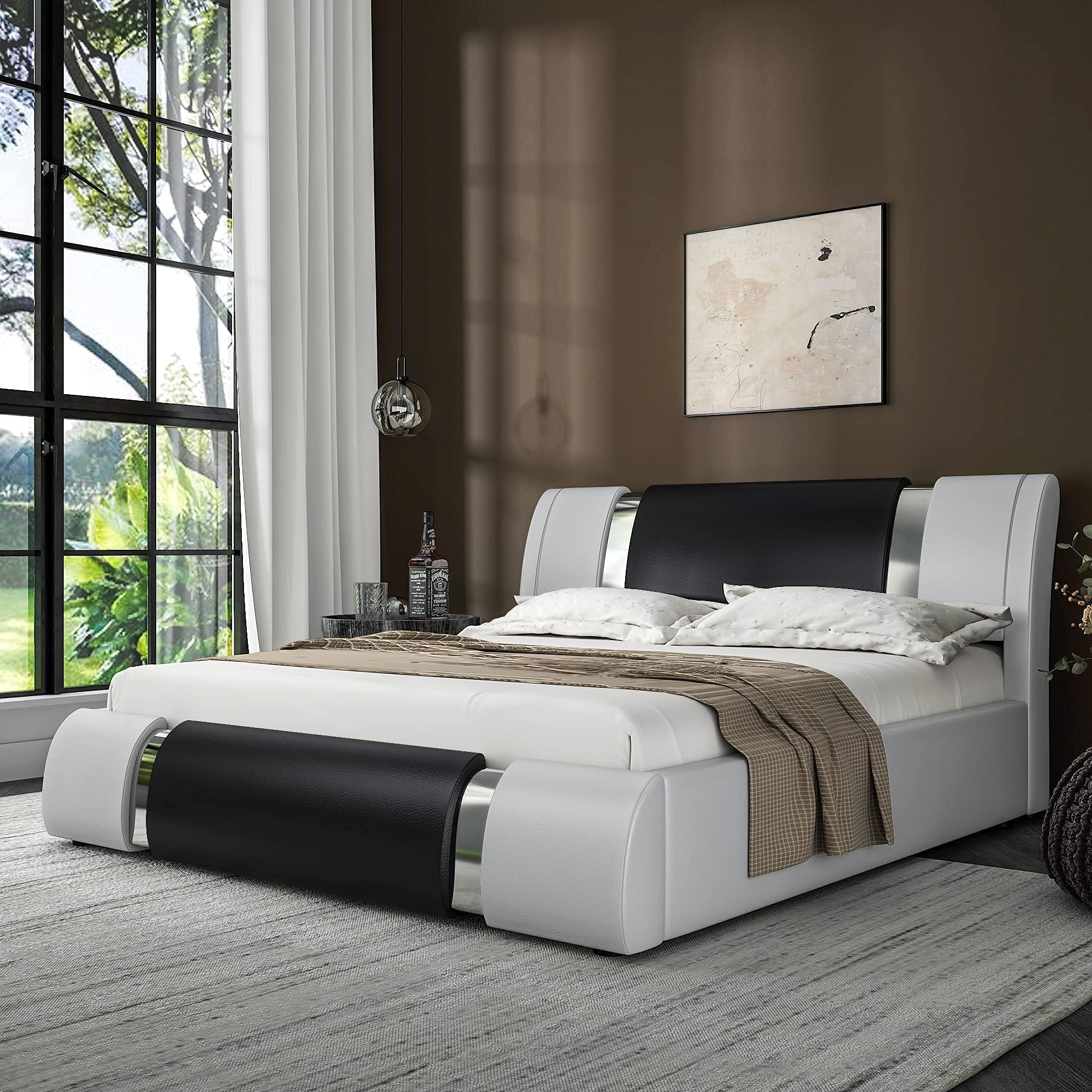 Allewie Full Size Bed Frame with Iron Piece Decor, Faux Leather Upholstered Platform Bed with Adjustable Headboard & Strong Wooden Slats, No Box Spring Needed, Black and White
